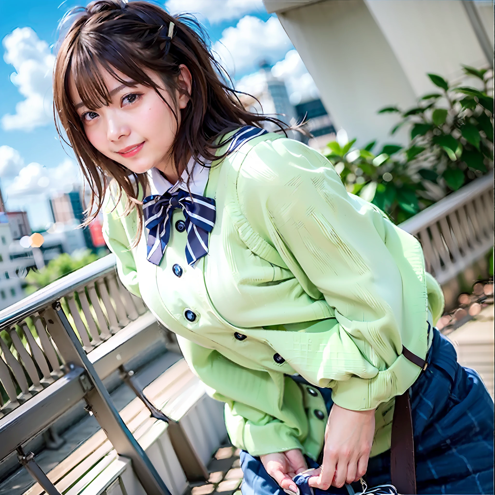 (8K、top-quality、​masterpiece:1.2)、(realisitic、Photorealsitic:1.37)、ultra-detailliert、1 girl in、独奏、cute little、Beautiful detailed sky、(A smile:1.2)、(a smirk)、beatiful detailed eyes、floting hair、Braided hair,(校服:1),Stockings,full body Esbian,Street,huge-breasted:1.8