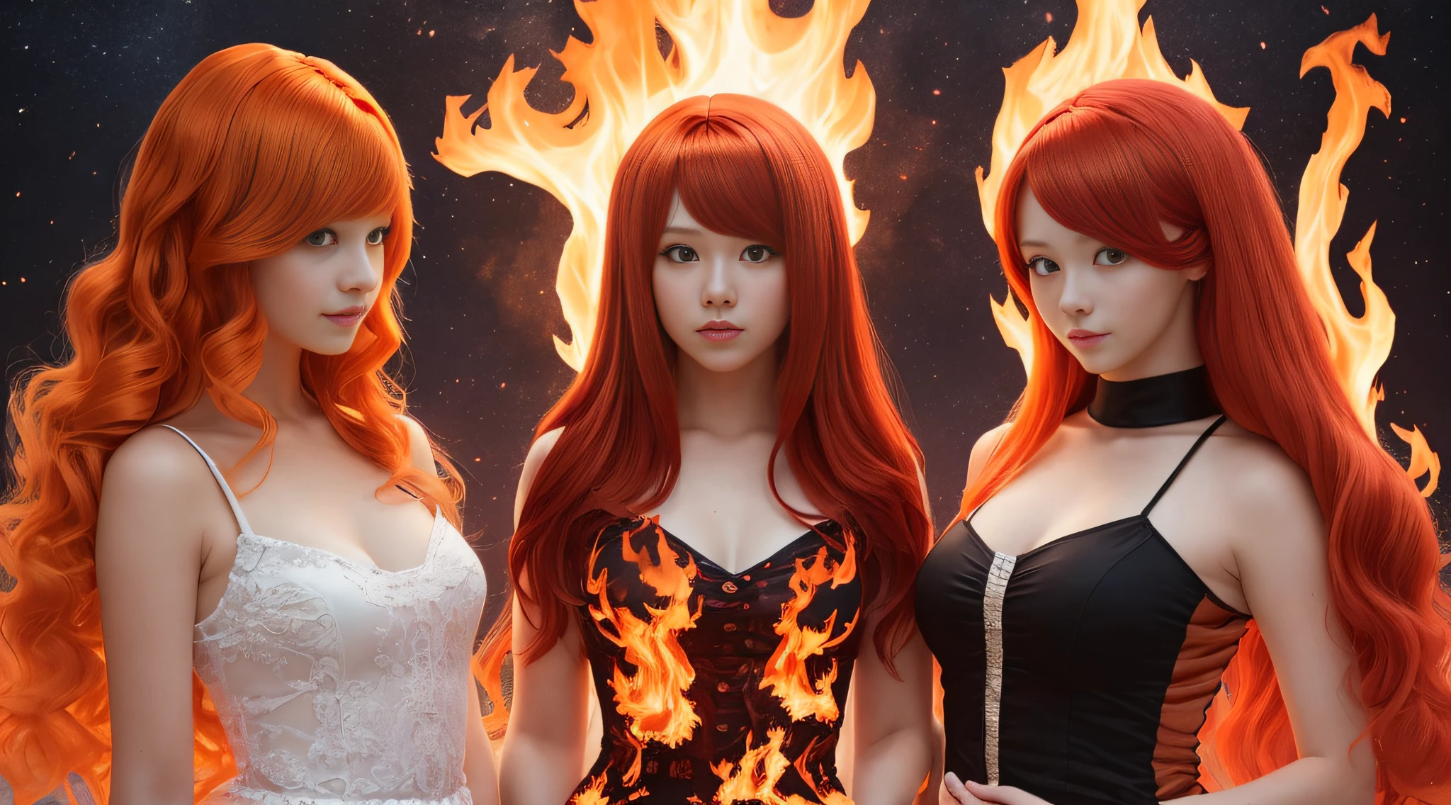 three girls with long red hair and red wigs posing for a picture, red glowing hair, orange glowing hair, long glowing red hair, infrared hair, red hair girl, orange skin and long fiery hair, hair like fire, red hair and attractive features, long fire hair, long orange hair, perfect android girl family, by Bernardino Mei, fiery red hair