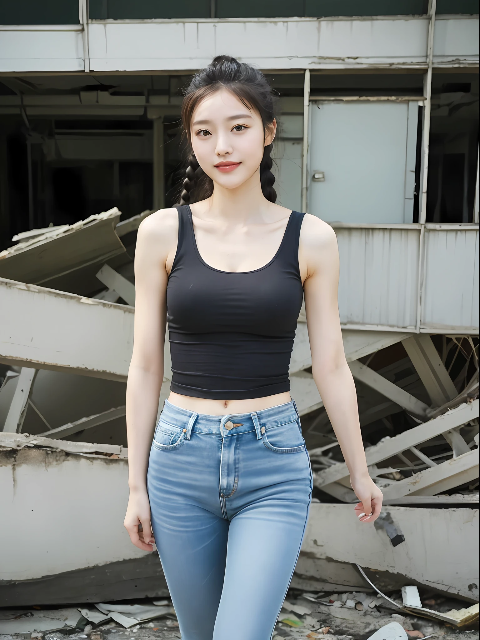 ((Best picture quality, 8K, tmasterpiece:1.3))，((1个Giant Breast Girl))，A small braid，Ultra-fine face，A detailed eye，ssmile，The chest is relatively small，Slender abs，Legs are very thin and long，The butt is upturned，(green tank top，Denim trousers，Black Martin boots，In the background is an abandoned building))，