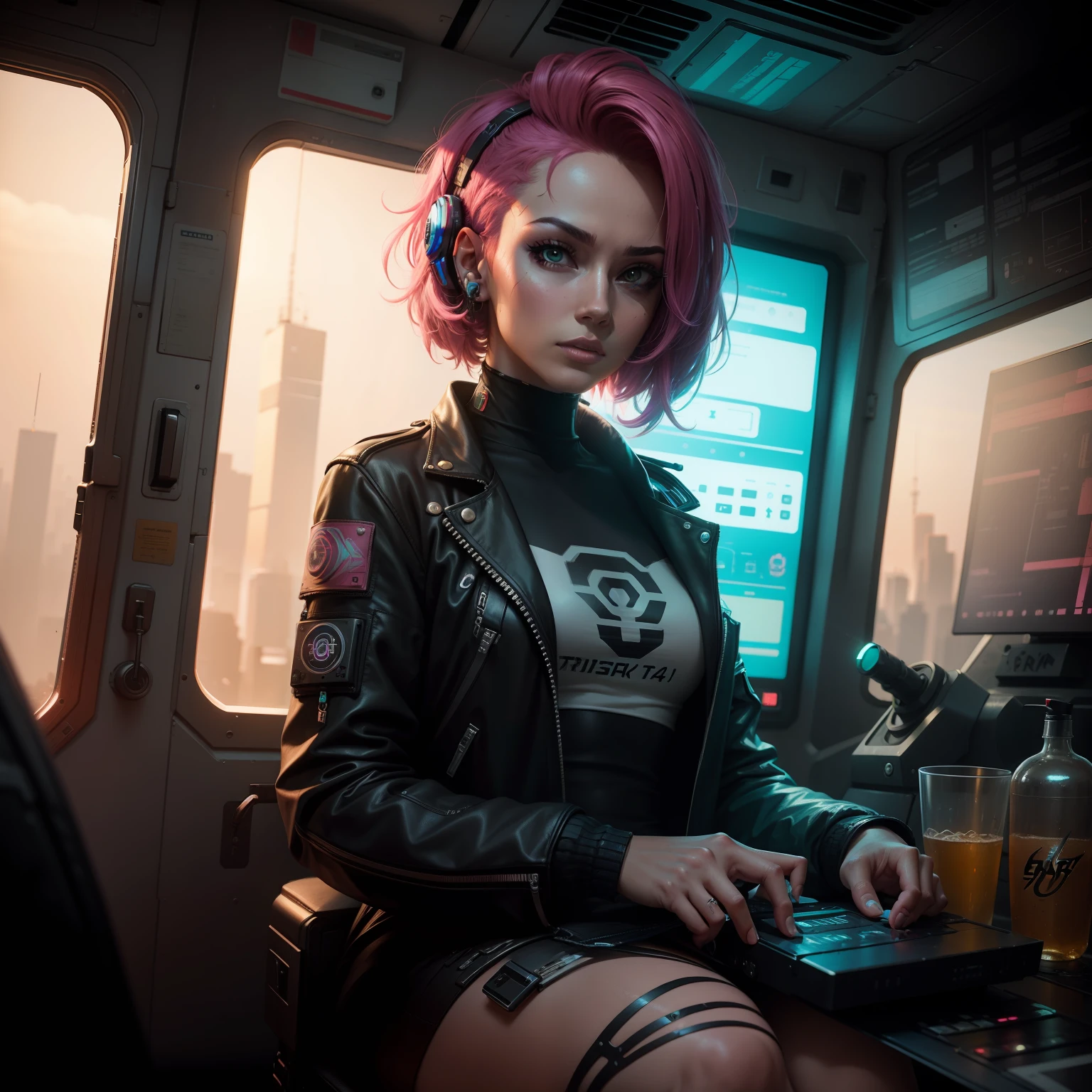 Garota realista com cabelo rosa em um cockpit de nave espacial com um controlador e um telefone, arte digital do Cyberpunk, cyberpunk digital - arte , arte cyberpunk , cyberpunk mech, mulher Cyberpunk, estilo realista 4K, mulher de Cyberpunk feminino, Cyberpunk digital!!, estilo de arte cyberpunk, Cyberpunk futuristá, arte digital estilo futurista real