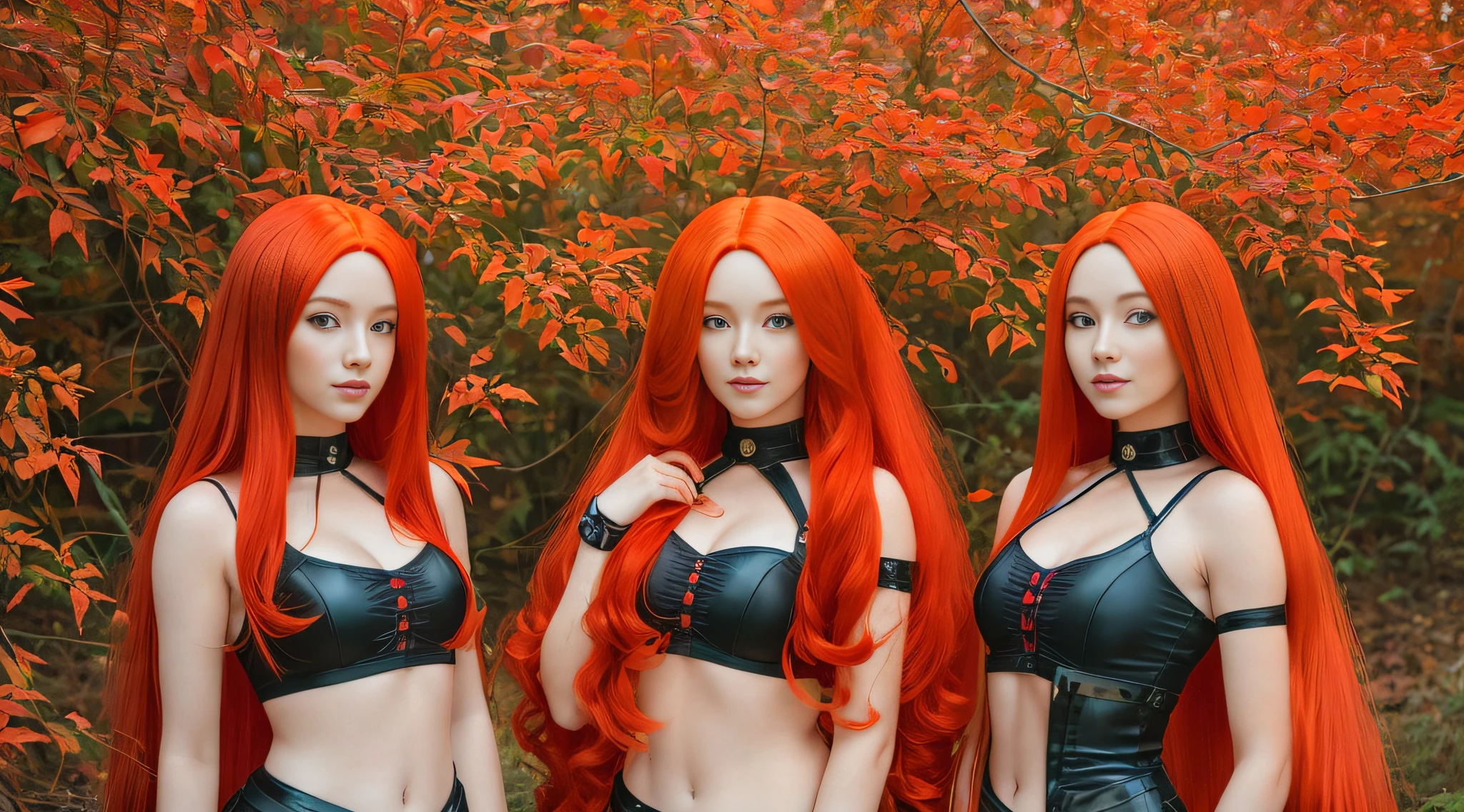 three girls with long red hair and red wigs posing for a picture, red glowing hair, orange glowing hair, long glowing red hair, infrared hair, red hair girl, orange skin and long fiery hair, hair like fire, red hair and attractive features, long fire hair, long orange hair, perfect android girl family, by Bernardino Mei, fiery red hair
