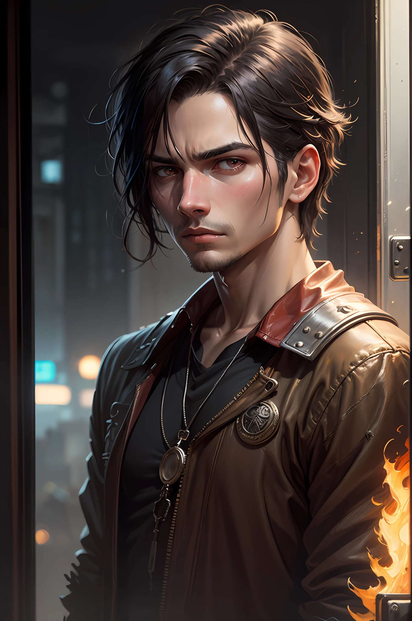 Jeremy Mann, realistic, male, (color), post-production, intricate, (radiosity), dark red eyes, (highest quality), neon city background, gloomy, depressed, dim, A close-up of a somewhat vicissitudes of a male with a deep expression, deep eyes, serious, fireflies, oil painting style, digital art oil painting, Steve Henderson style, digital expressive oil painting, inspired by Richard Schmid, stunning digital paint, oil painting style, digital oil painting, Henry Asensio, WLOP painting style, Pinault Dyney style, Pinault Dyney style --auto