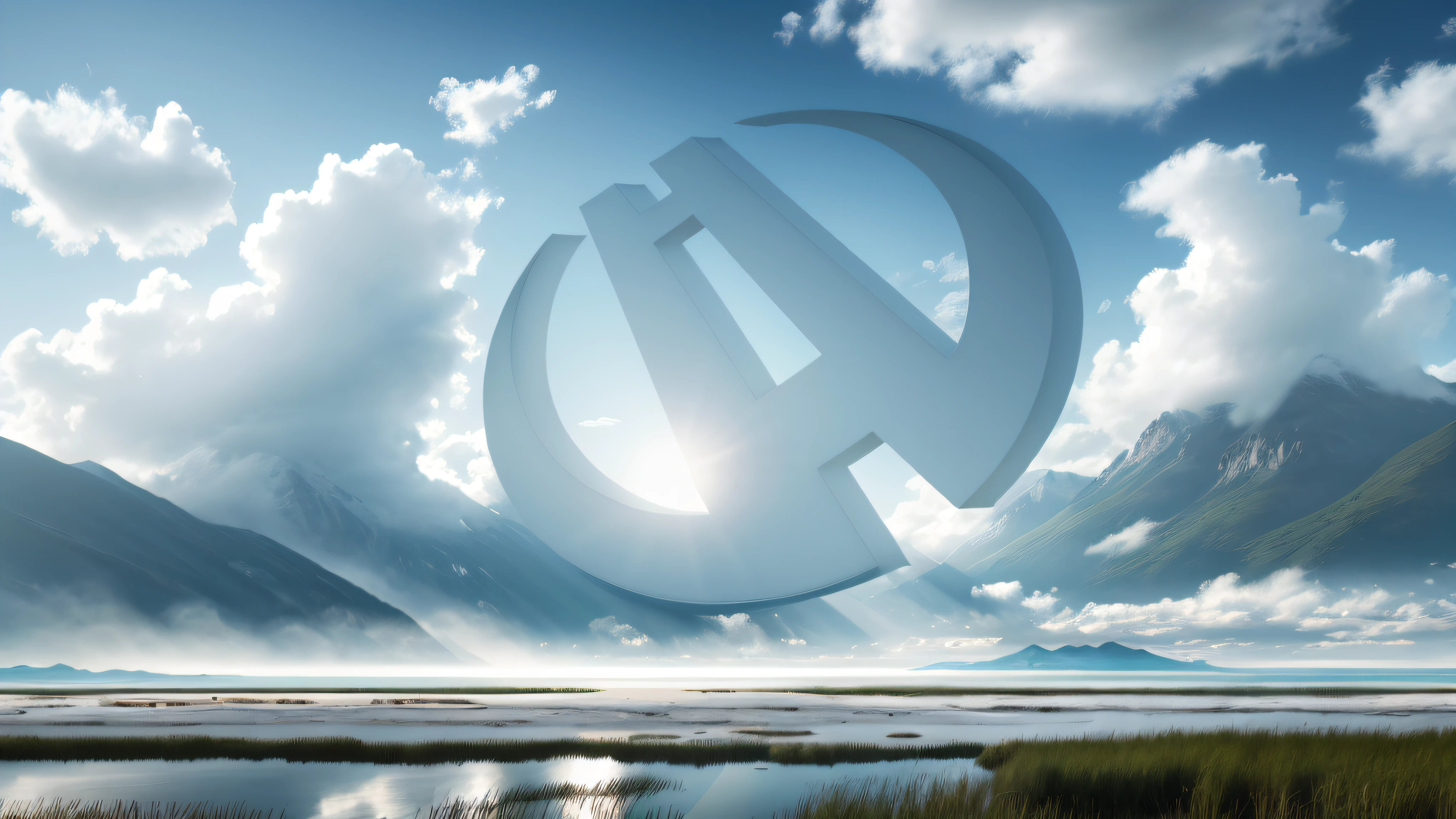 the complex background,best photograpy,Masterpiece,Within easy reach are green grasslands and lakes,A sign made of white clouds in the middle,Snow-capped mountains can be seen in the background,Above the blue sky,Realistic,Authentic,Beautiful and enchanting scenery ,(A sign consisting of white clouds,Floating on the water), Beach clouds,