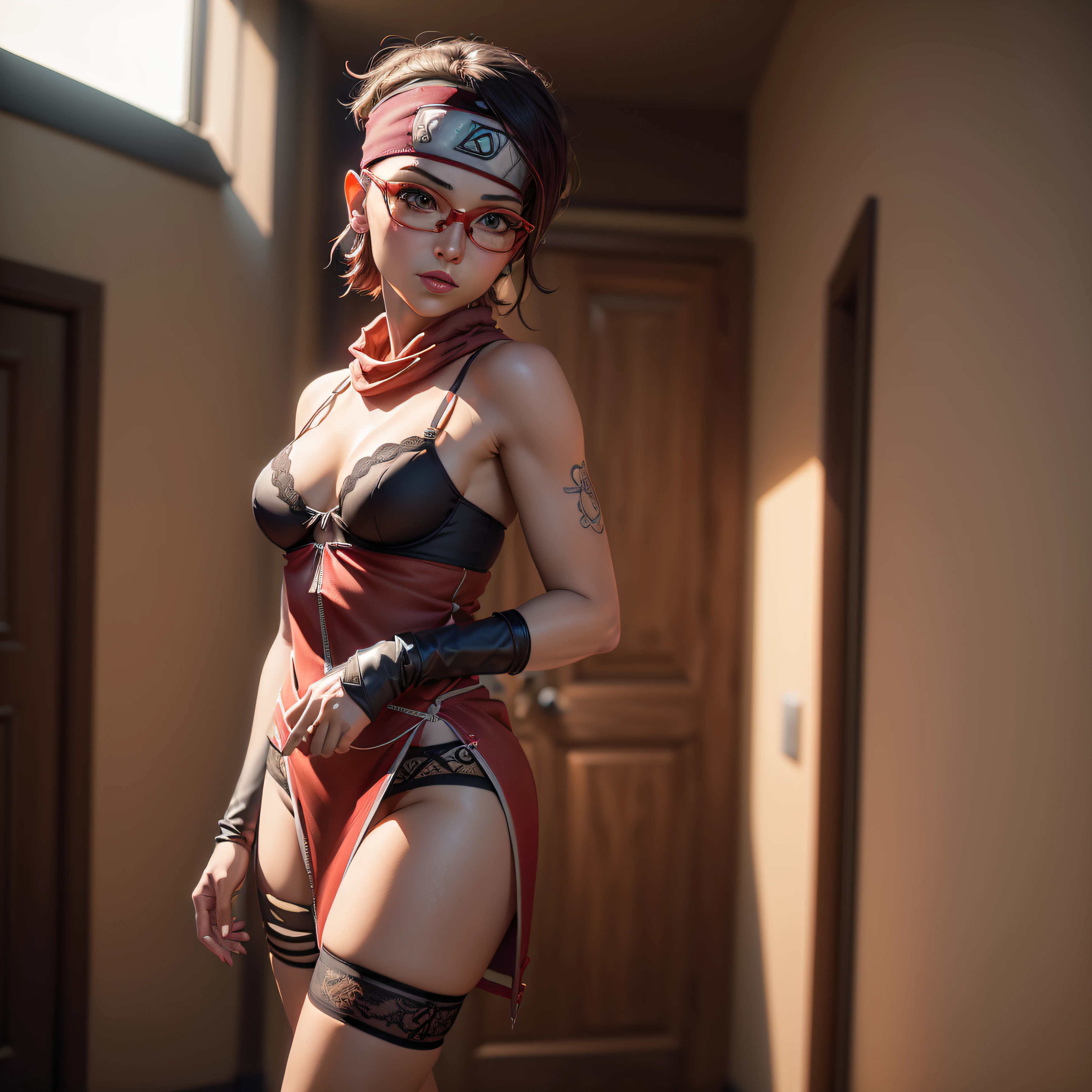 (obra-prima, foto-realista:1.5), (lingerie-vestido:1.5), (pernas abertas:1.5), (exposto, (ninja sedutor:1.5), (emblema da Vila da Folha Escondida:1.5), (room illuminated by the sunset:1.2), (atmosfera esmaecida:1.1), (sombras sutis:1.2), (Mysterious allure:1.1), (red eyewear:1.5), (olhos Sharingan:1.5), (olhar intenso:1.4), (pose sensual:1.4), (bandana headband:1.5), (brisa sussurrante:1.1), (feminilidade empoderadora:1.3), (Sublime confidence:1.3) Cinematic details, hiperdetalhados, insanos,  Lindamente colorido, Unreal Engine, DOF, Super-Resolution, Megapixel, Cinematic Lightning, Anti-Aliasing, FKAA, TXAA, RTX, SSAO, Post Processing, Post Production, Tone Mapping, CGI, VFX, SFX, Insanamente detalhado e intrincado, Hyper maximalista, Hyper realistic, volumetic, Fotorrealista, ultra fotorreal, ultra-detalhado, detalhes intrincados, 8K, Super detalhado, Full color, Volumetric lightning, HDR, Realistic, Unreal Engine, 16K, Sharp focus, Octane render,(nua)
