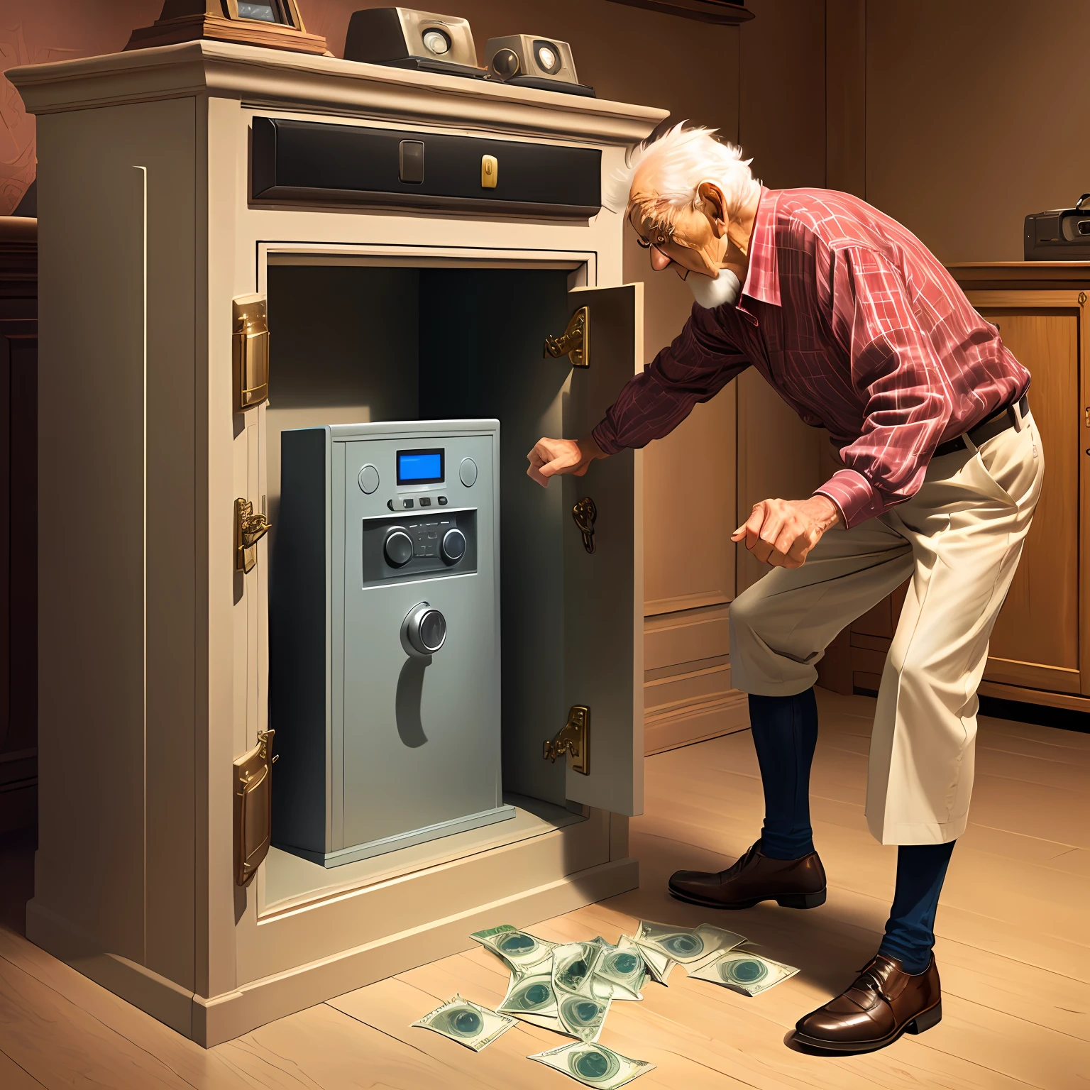 Old man kicking a safe of money