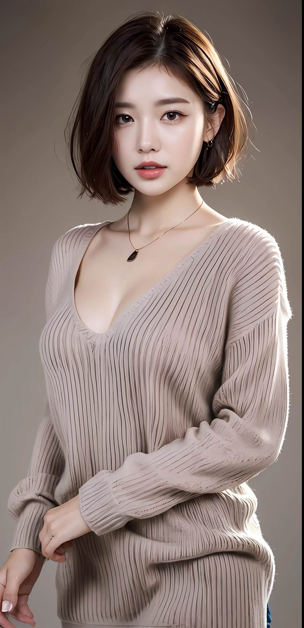 (Best quality, 8k, 32k, Masterpiece, UHD:1.2),Photo of Pretty woman, large breasts, very short bob hair,upper body,(oversized_sweater,:1.1) necklace, simple background, looking at around