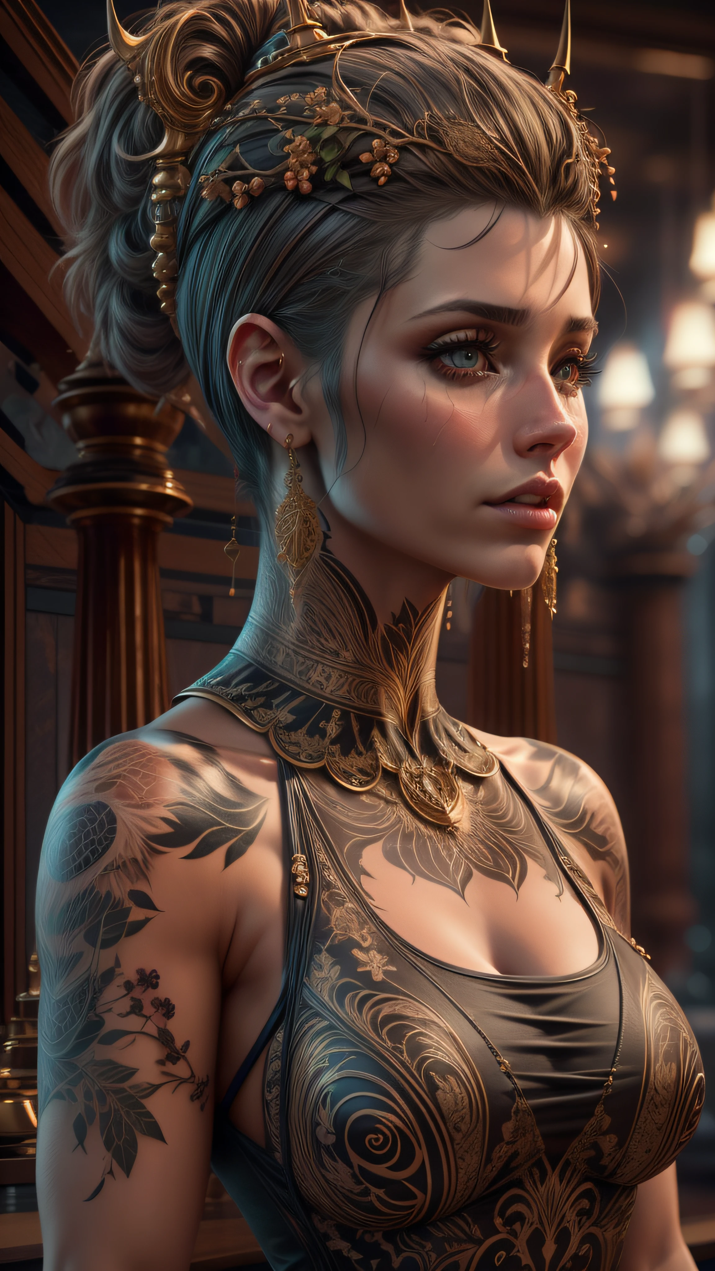 mulher de araffe em um vestido com uma tatuagem em seu peito, cinematic bust portrait, cinematic bust shot, estilo fantasia 8 k octane render, 3 d render arte do caractere 8 k, realistic fantasy rendering, unreal engine render + uma deusa, Trending in ArtStation 4K, 4K fantasia detalhe, 8k portrait render, 8k arte detalhada de alta qualidade