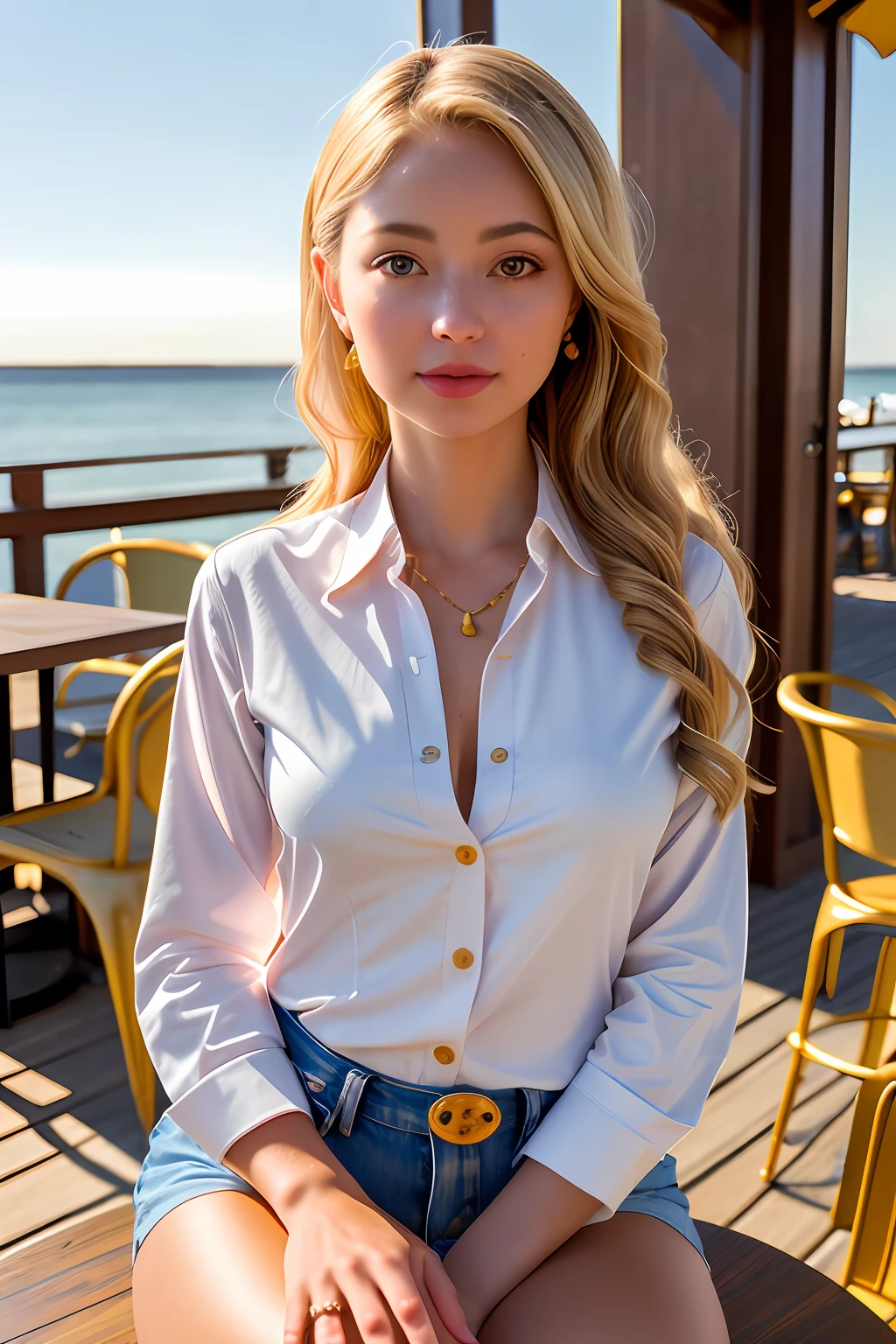 DollieNobodySD15 beautiful woman sitting at a table on a seaside boardwalk cafe bar drinks cocktails wearing a (button shirt:1.3) Lighting-Gold foreground objects background details (masterpiece:1.2) (photorealistic:1.2) (bokeh:1.2) (best quality) (color grading) (detailed skin:1.3) (intricate) (8k) (HDR) (cinematic lighting:1.3) (sharp focus) (Clutter-Home:1.2)