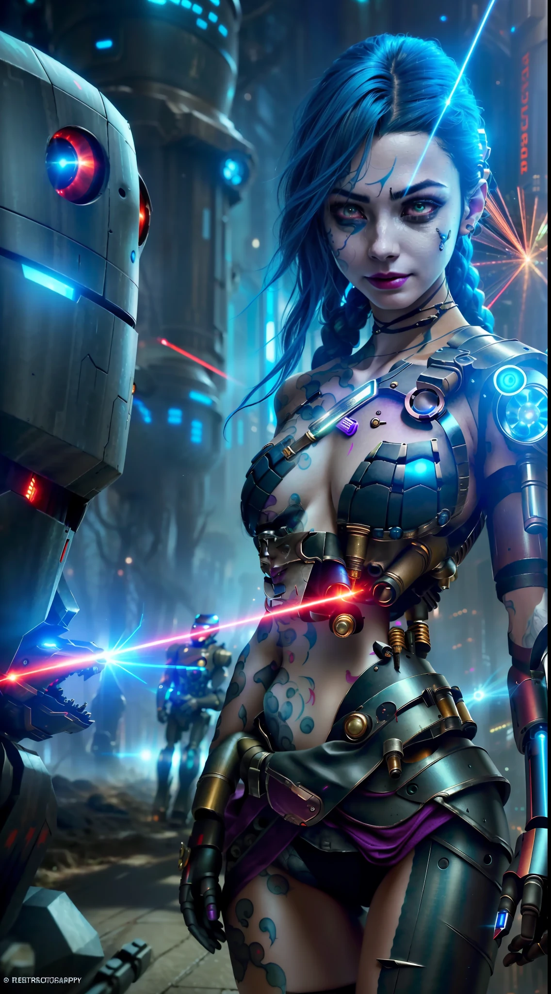 (highly detailed:1.2),(best quality:1.2),8k,sharp focus,(subsurface tering:1.1),(nsfw:1.1), (award winning photograph:1.2),1girl, (many many detailed black tattoos on face:1.2), by emb-rrf-low,(many many thick black dark tattoos on body nose and eyes:1.2),(close shot:1.2), (separation of face segments:1.1), (deep seams on face and body:1.2)
(beautiful cyborg with scifi laser gun:1.3), (shooting lasers at enemy robots:1.3), (dynamic action pose:1.2), neon glow under the skin
(very detailed clothes:1.2), (highly detailed background:1.3), RPG, Elden Ring, (scifi:1.2), (hyperrealistic:1.2), dramatic lighting,artstation, artgerm, greg rutkowski, alphonse mucha, trending on artstation, trending on deviantart, wlop
