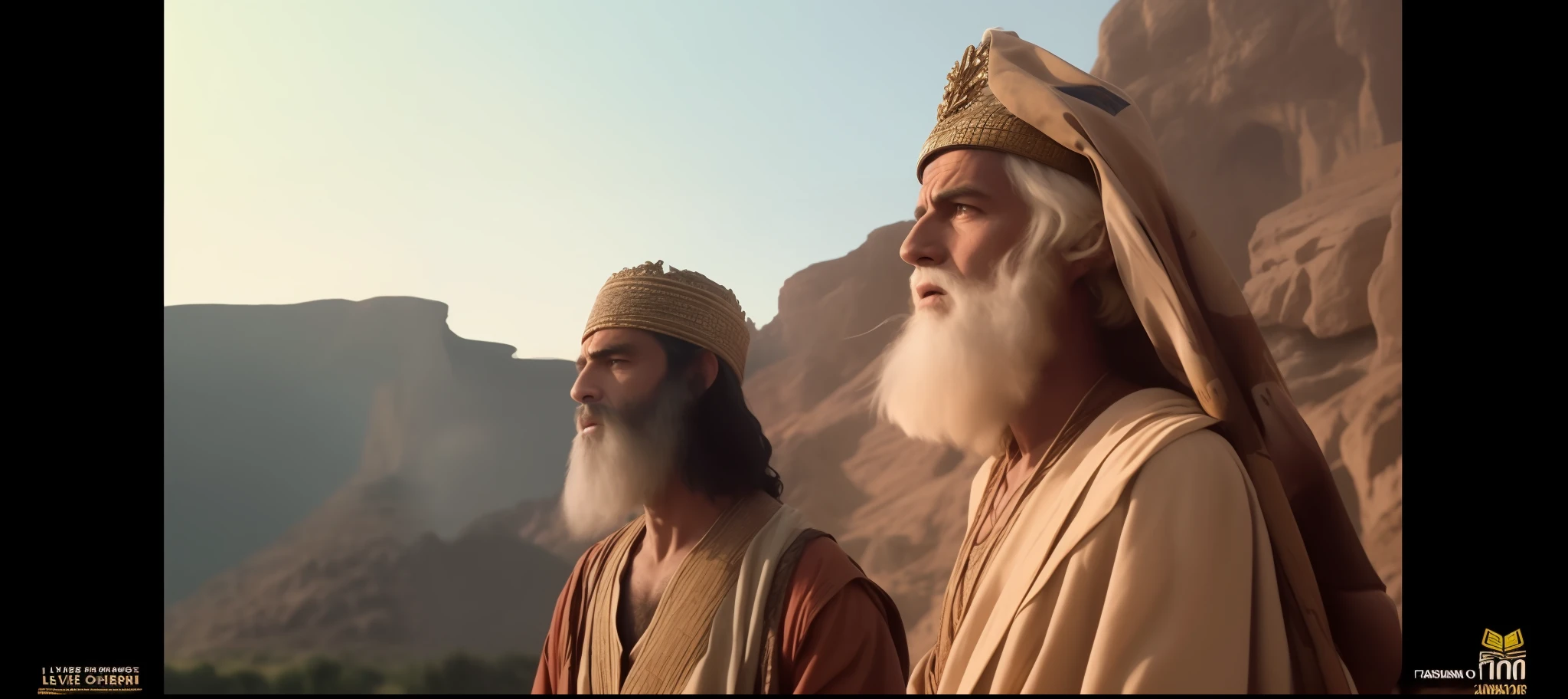 Two men in robes and hats stand in front of a mountain, biblical epic movie, cena do filme, cena do filme live action, ainda de um filme de fantasia, captura de tela de um filme, Captura de tela do filme de 1983, ainda filmado do filme, Ainda de Rainbow Ophanim, ainda de um filme live action, captura de tela do filme, ainda do filme