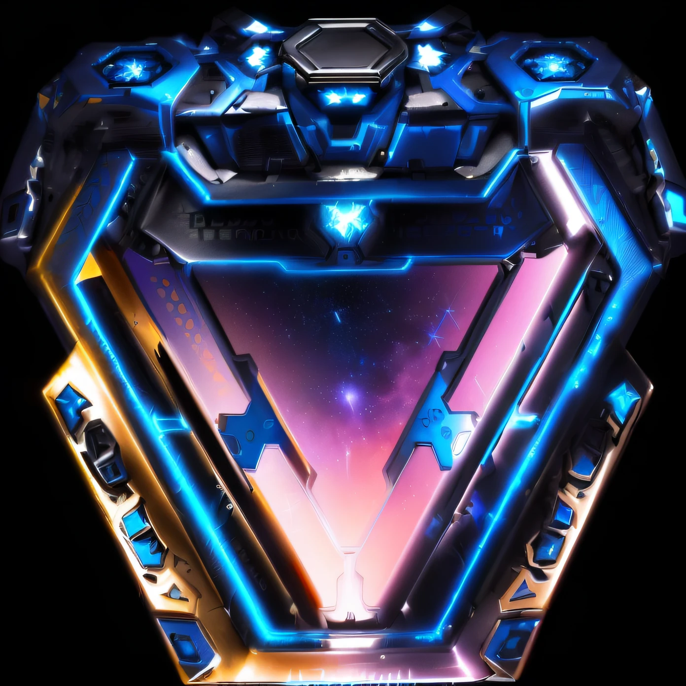 a closeup of a metal and blue emblem with a triangle, Casco de armadura nano hexadecimal, jewel, Voltron, medium close - up ( Mcu ), nova, Midgar, apex, octa 8k |, vivid detail, A beautiful detailed orisha, EORA, Tx, Armadura refletida da cor do gelo da lasca, Foto de quadro completo, nonagon infinito, extremely high quality