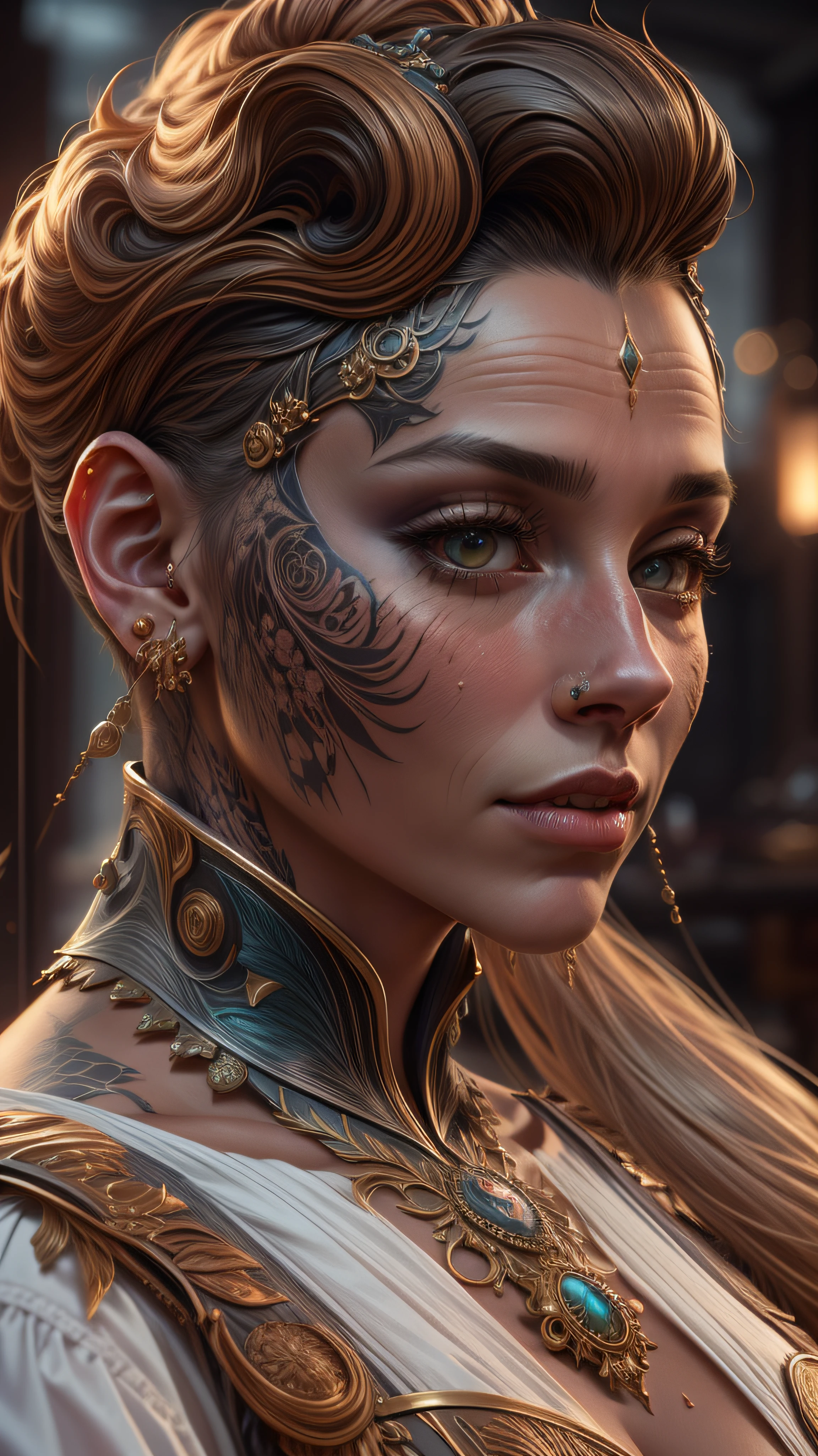 mulher de araffe em um vestido com uma tatuagem em seu peito, cinematic bust portrait, cinematic bust shot, estilo fantasia 8 k octane render, 3 d render arte do caractere 8 k, realistic fantasy rendering, unreal engine render + uma deusa, Trending in ArtStation 4K, 4K fantasia detalhe, 8k portrait render, 8k arte detalhada de alta qualidade