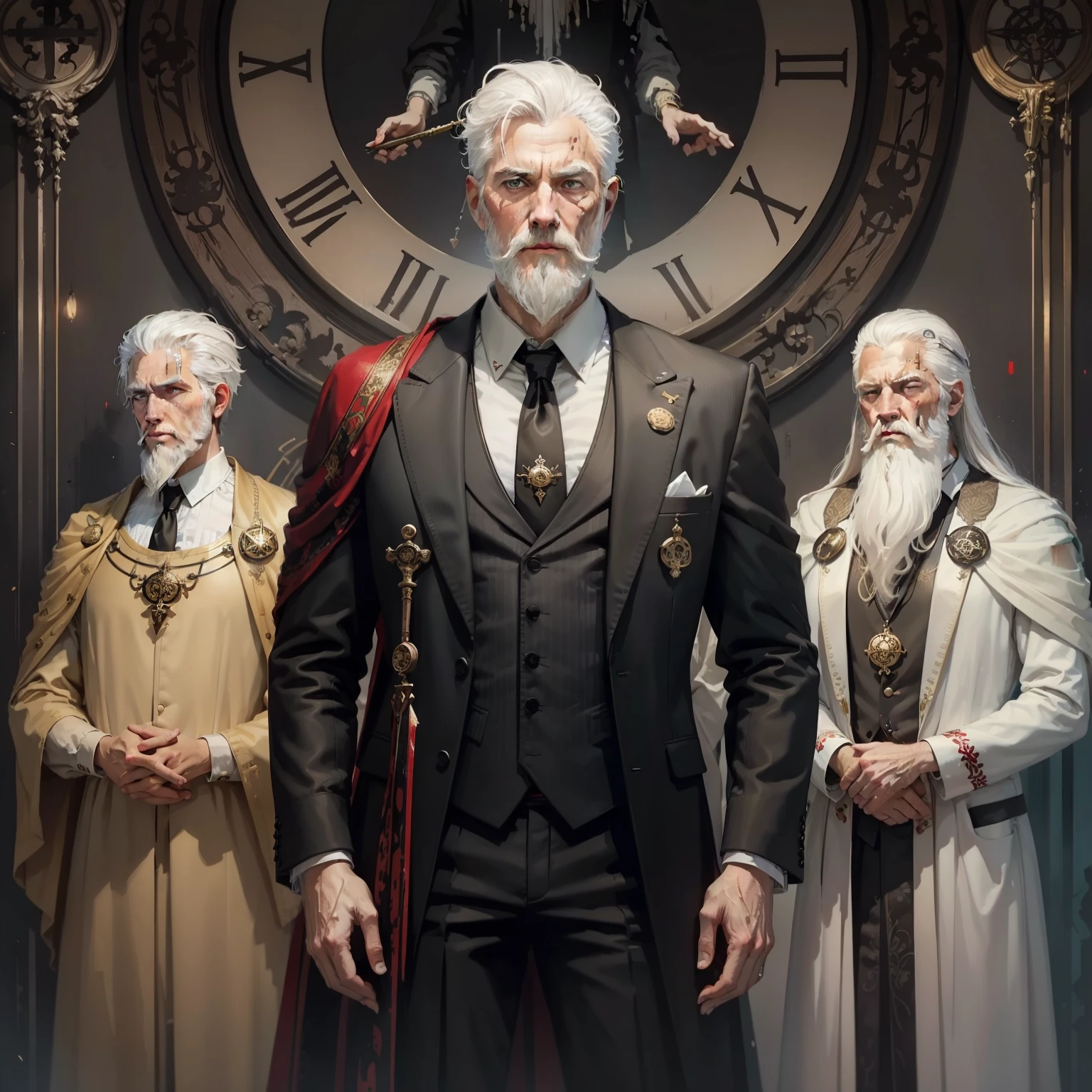 (masterpiece, best quality;1.3),(tarot card:1.2), 1guy, male focused, short white hair, white beard, old, mature and tall, sad expression, detailed face, hanged man tarot, bright halo, suit and tie, black suit, male_focus, symmetrical composition, long shadow, blood on hands, bloody hands,blood splash, ultra detailed, 8k, high quality, hq,
