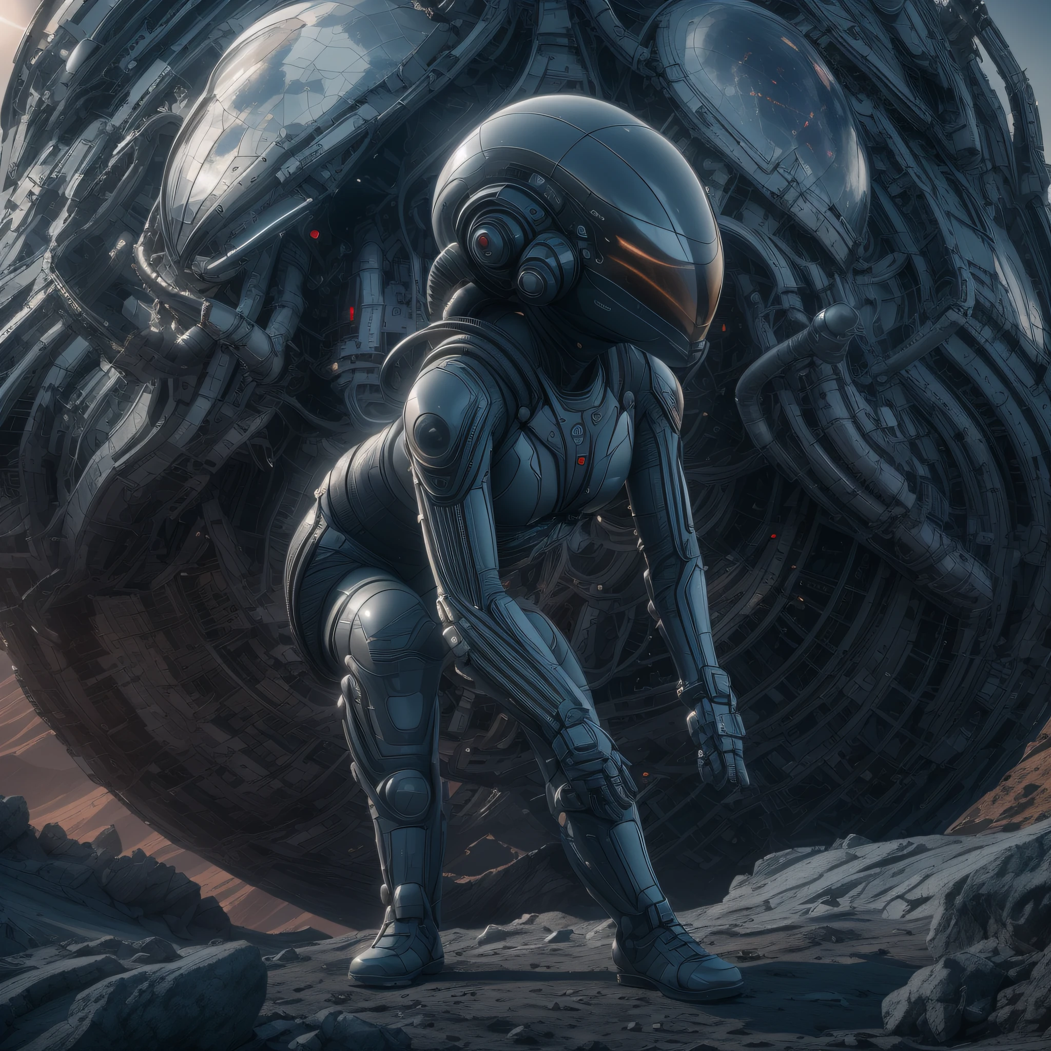 Highly detailed RAW color Photo,Rear Angle, Full Body, female space ninja, (highly detailed: 1.2), (best quality canon EOS R6: 1.2), (8k: 1.0), (dynamic posture: 1.2), wearing tight full body latex suit and a futuristic space helmet, bending over a rock, outdoor looking up at the moon, athletic body, big ass, (mountains:1.1), (sci-fi), 50mm wide angle lens, cinematic lighting, raytracing, alien landscape with giant structures, (highly detailed, hyperdetailed, intricate), cinematic scene like the film prometheus from the aliens franchise
