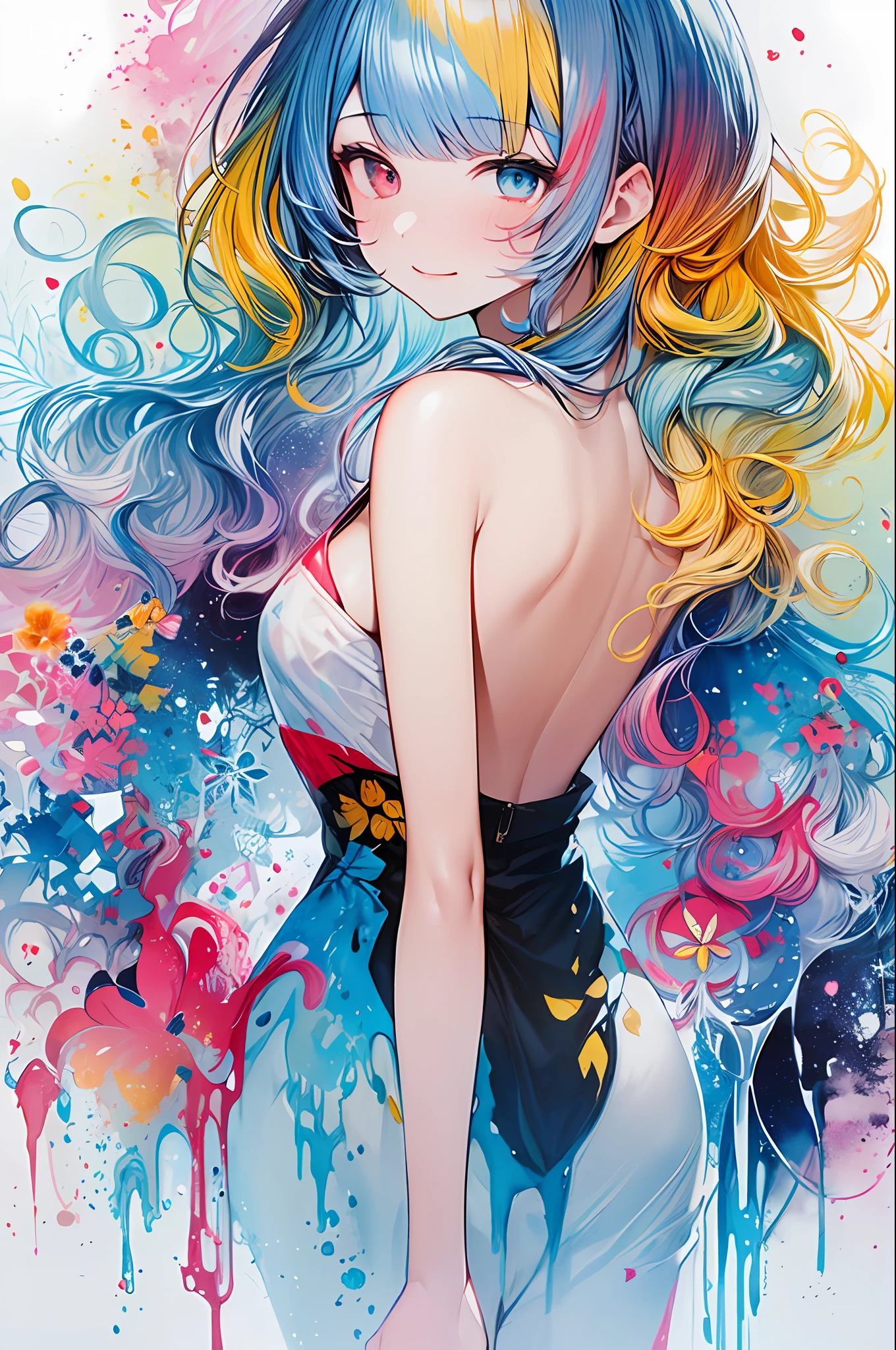 (masterpiece、top-quality、top-quality、watercolor paiting(Curly)、Official art、Beautifully Aesthetic:1.2)、(1girl in:1.3)、(Fractal Art:1.3)、full body Esbian、(a chair)、((posterior view))、patterns、blue-sky、clouds、colourfull、A smile、write、heterochromia iridis, (colourfull:1.5)、(Shy face)、((rainbows))、((Clothes with a wide open back))、{{backs}}