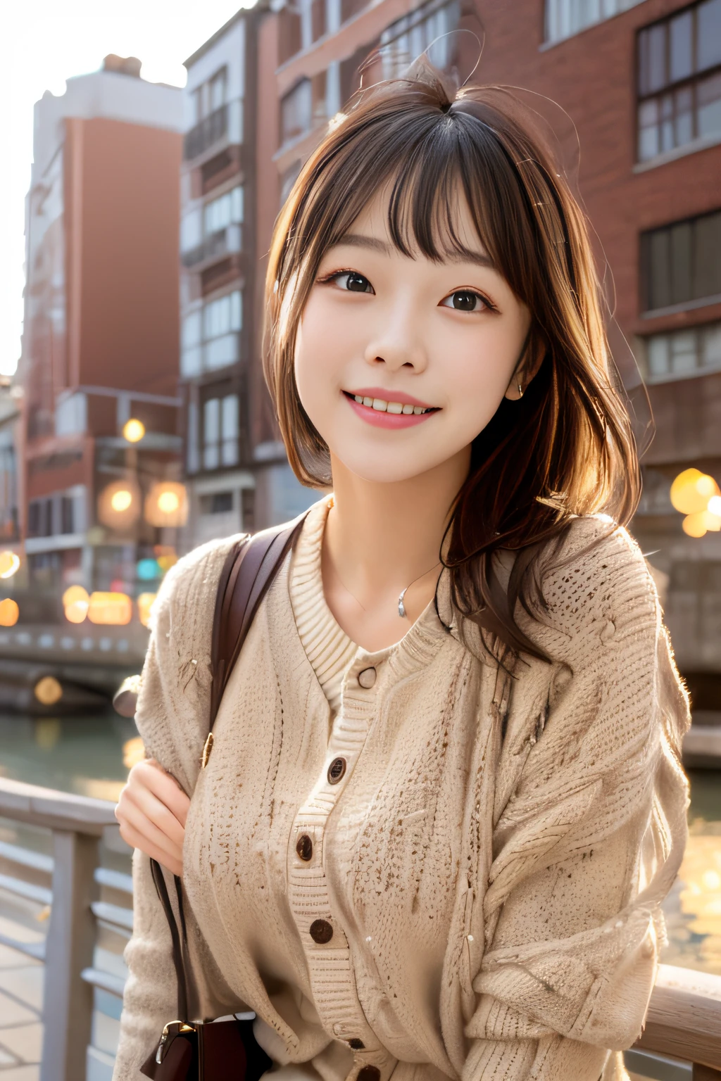 laughing、Beige cardigan、A dark-haired、a river