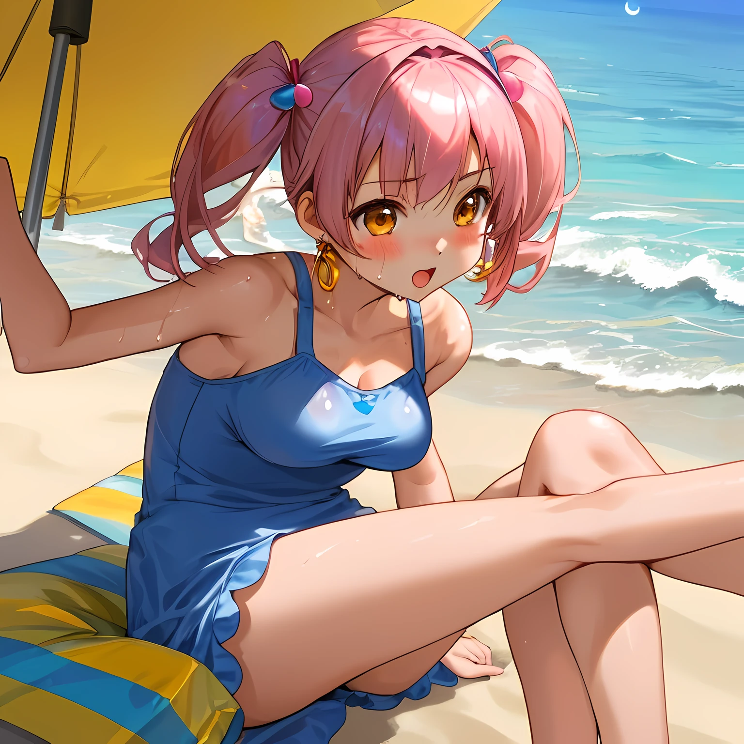 (Highly detailed CG Unity 8k wallpaper), (Best Quality), (Super Detail), (Best Illustration), (Best Shadow), POV, Realistic lighting and shading, Natural light, Lens flare effect,
BREAK, 1 beautiful girl, Solo,(Cute:1.5),(Chibi:0.8), (kawaii:1.5),(Lori:0.5),
((girl, Cute, Graceful, face)) ,(medium breasts),(Orange Eyes:1.2),(A pink-haired,short twintails,tareme:1.2), gleaming skin,Stuffed rabbit,
BREAK,Black Bunny Years Hair Band,(Wet Casual Beachwear:1.2), (lightweight summer one-piece dress:1.2), (a straw fedora hat:1.0), (flipflops:1.0), (Moon-shaped earrings:1.1), (Lace headband:1.0), (Cute Accessories:1.3), (self-satisfied look,Throat and face:1.1), (Raising his right fist above his head, Both legs are spread:1.3), (Beach background:1.3), (Holding a watermelon:1.1),
BREAK,🌇,🦀,‼️