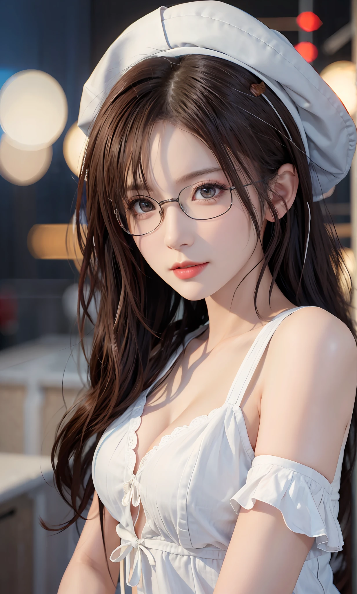（RAW photos：1.2），high high quality，Beautiful Meticulous Girl，nurses，Highly detailed eyes and face，beatiful detailed eyes，hugefilesize，A high resolution，8k wallpaper，finely detailled，Highly detailed stock code uniform 8k wallpaper，light in face，brown  hair，wearing hat，full bodyesbian，Have by the sea，电影灯光，16 year old girl，A sexy pose，（photo-realism：1.4），illustratio，ultra-realistic realism，super detailing， tmasterpiece， Have by the sea，shift dresses，wears glasses，Bigchest，low chest