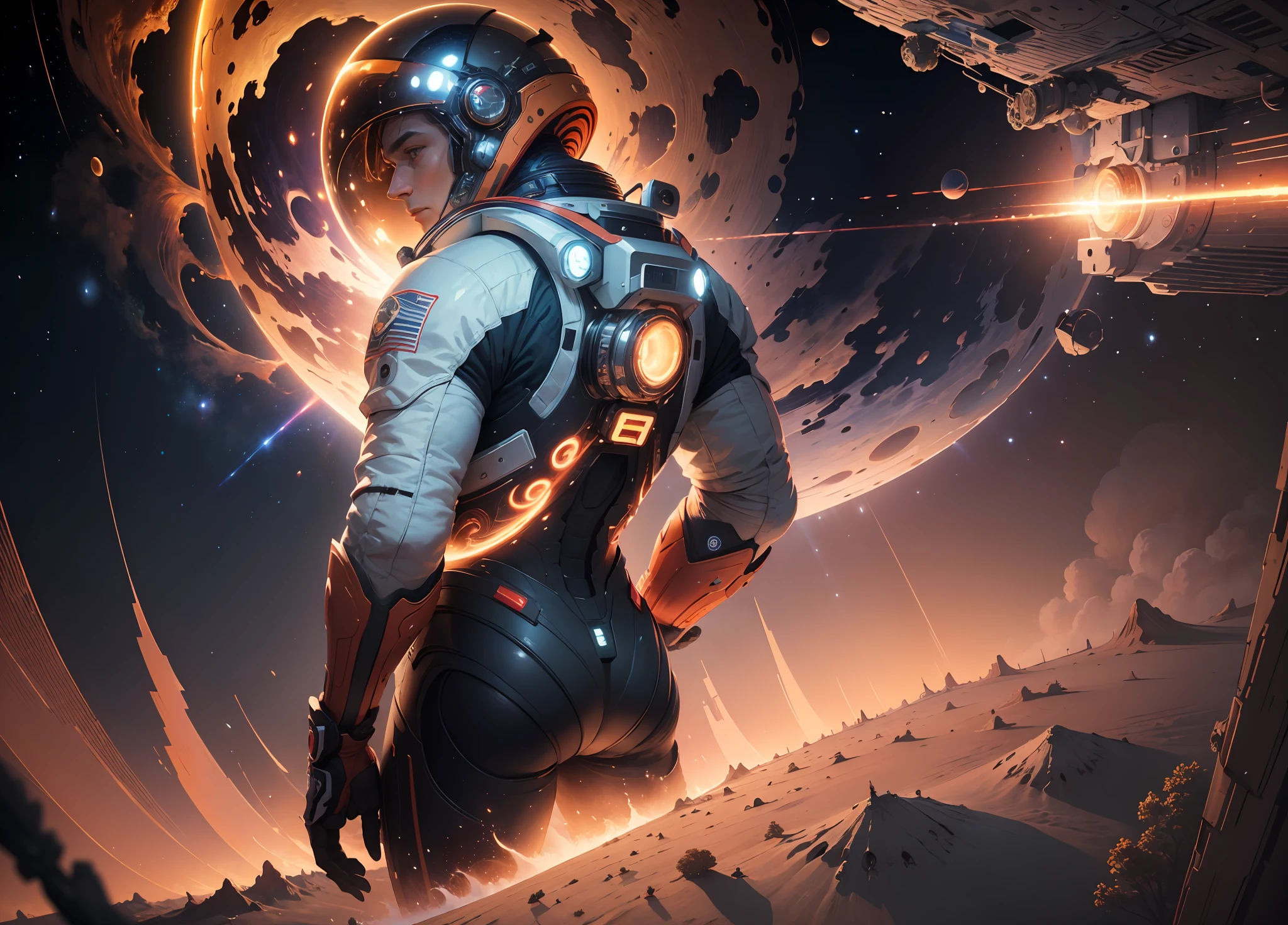 ((Masterpiece)), (Best Quality)), 8K, high detail, hyper-detail, the painting depicts a scene of breathtaking magnificent spatial images. The picture shows a man wearing a spacesuit, facing back, looking at a red glowing planet in space. The scenes are extremely detailed and the clarity is extraordinary, capturing every intricate detail of the panorama.
