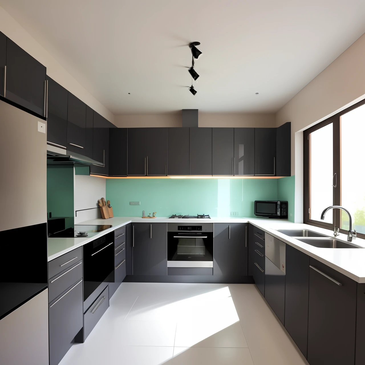 Kitchen with American counter, piso branco, paredes com lajotas coloridas