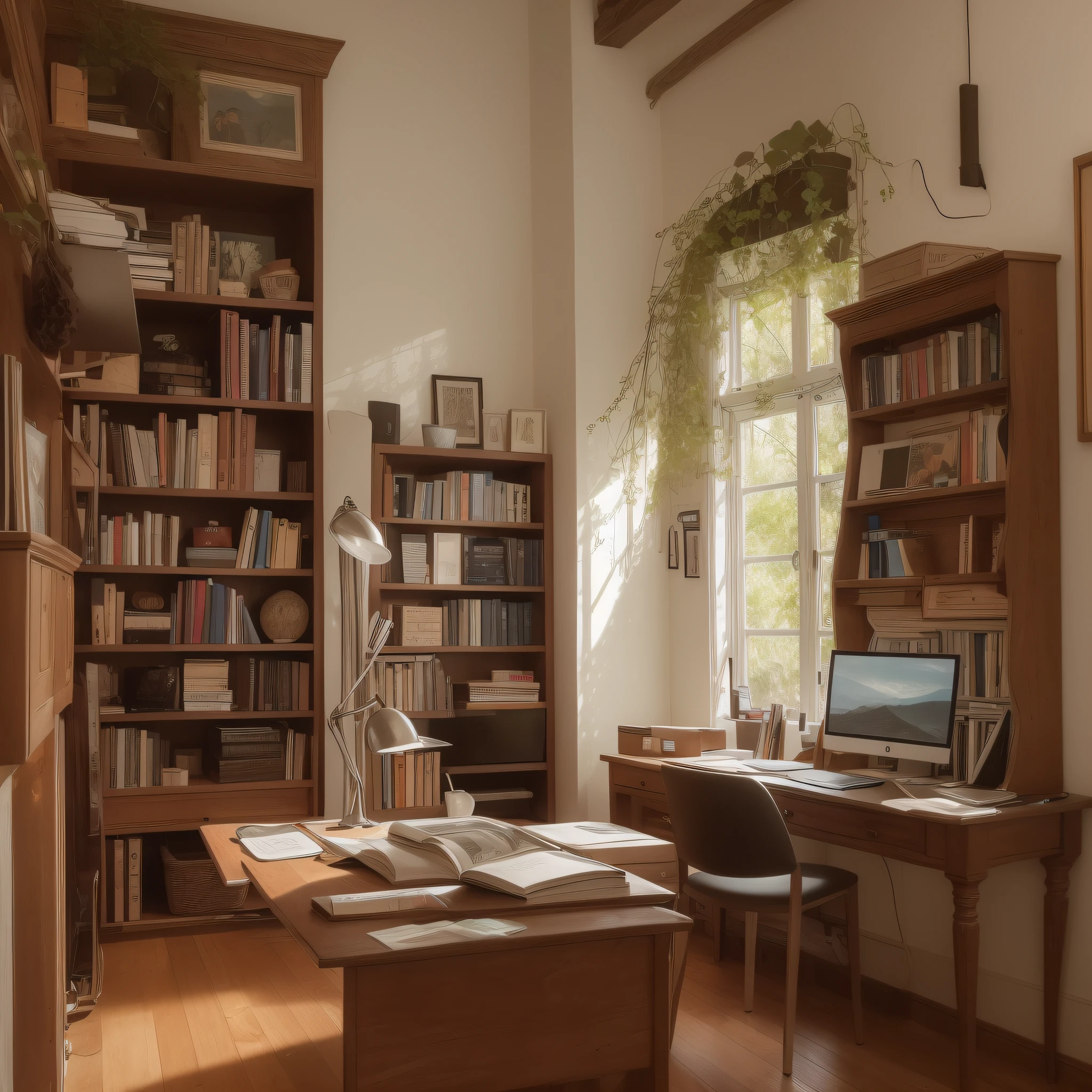 Crie uma pintura de um ambiente, estilo oldschool, where a graphic designer works, Add artistic and digital tools, um computador, a cup of coffee and books. Uma cadeira vazia e algumas roupas em um cabide pendura.