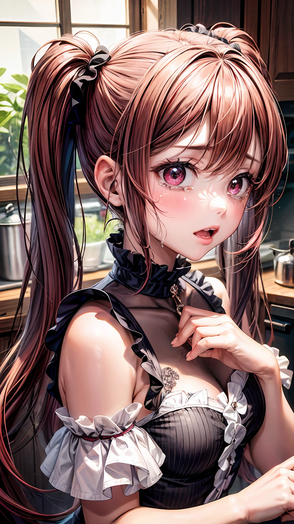 Masterpiece, 1girl, garnet hair, twintails, garnet eyes, crying, garnet dress, hands crossed, kitchen, upper body