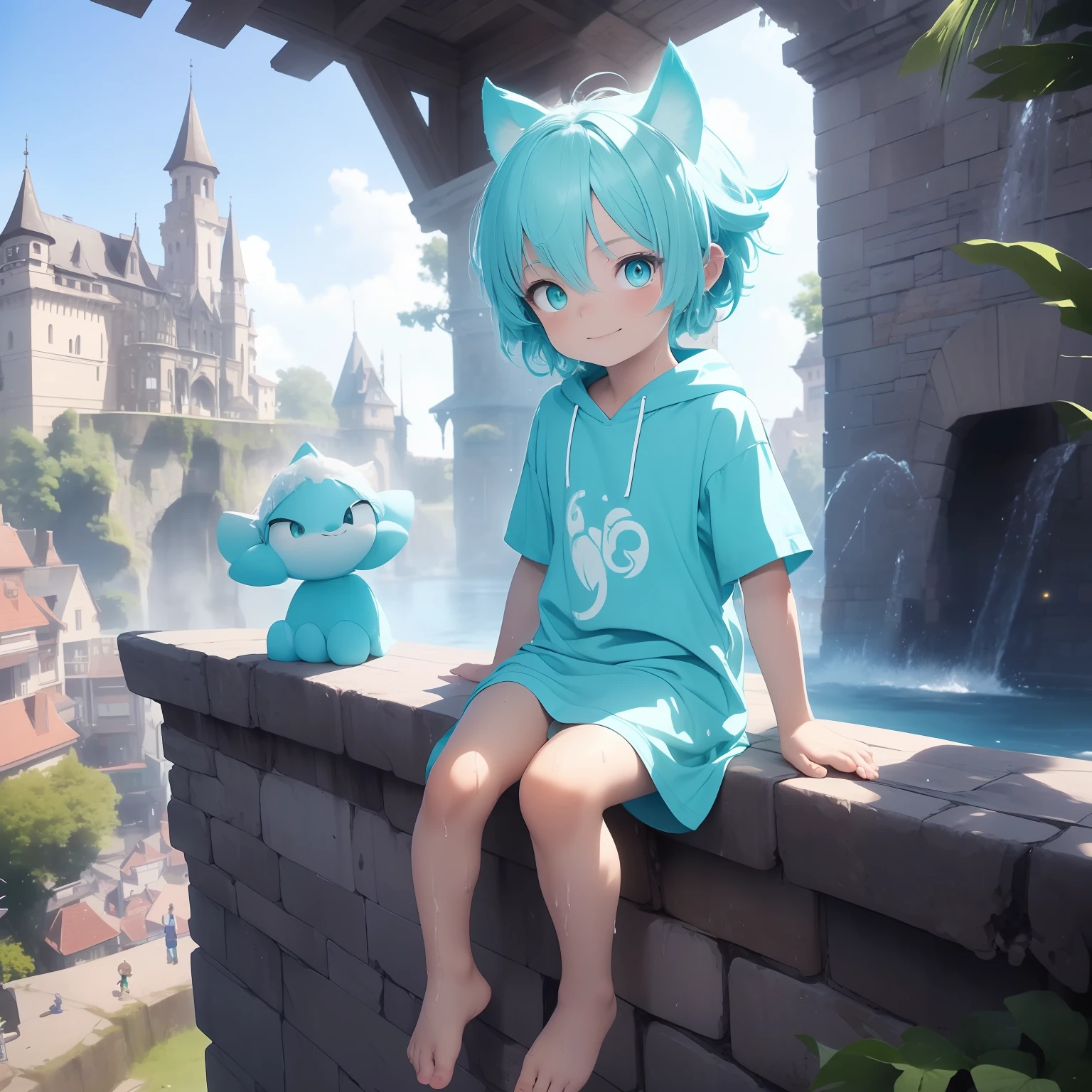 4K),  with cyan hair and green eyes and barefoot and wet Monster costume small tiny feet,, happy expression, He sits on a castle wall, und betet, Nebel Licht, Impressionismus, 2D, (Dornen: 1.1), (toter Baum: 1.1) Focused on feet, feet pose