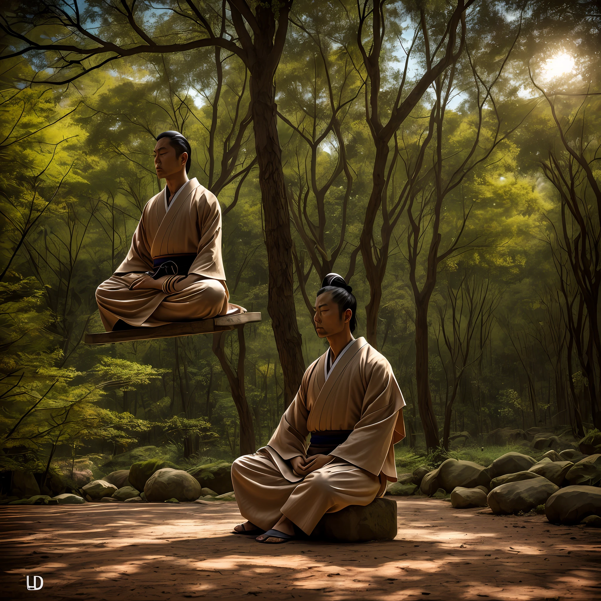 Samurai meditating in silence , cinematic lighthing, profundidade de campo, Man, Realismo, fotorrealista, hiper-Realismo, fotografia profissional, UHD, DSLR, HDR --auto