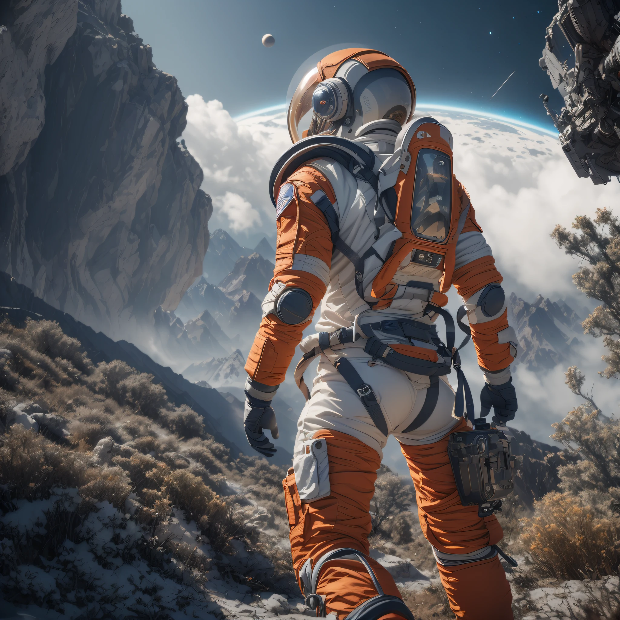 (highly detailed: 1.2), (best quality canon EOS R6: 1.2), (8k: 1.0), (dynamic posture: 1.2), rear angle, Highly detailed RAW color Photo, Rear Angle, Full Body, of (female space soldier, wearing orange and white space suit, helmet, tined face shield, rebreather, accentuated booty), outdoors, (looking up at advanced alien structure, on alien planet), toned body, big butt, (sci-fi), (mountains:1.1), (lush green vegetation), (two moons in sky:0.8), (highly detailed, hyperdetailed, intricate), ((DAY TIME)), (lens flare:0.7), (bloom:0.7), particle effects, raytracing, cinematic lighting, shallow depth of field, photographed on a Sony a9 II, 50mm wide angle lens, sharp focus, cinematic film still from Gravity 2013, from behind