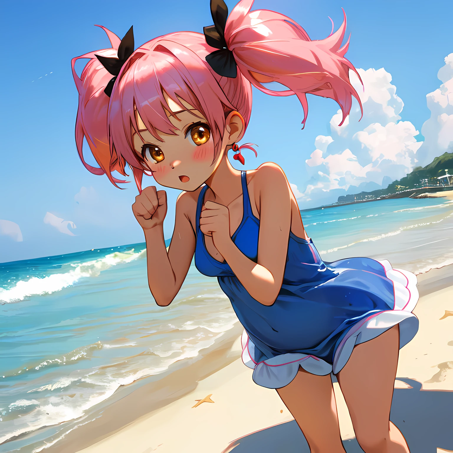(Highly detailed CG Unity 8k wallpaper), (Best Quality), (Super Detail), (Best Illustration), (Best Shadow), POV, Realistic lighting and shading, Natural light, Lens flare effect,BREAK, 1 beautiful girl, Solo,(Cute:1.5),(Chibi:0.8), (kawaii:1.5),(Lori:0.5),((girl, Cute, Graceful, Loli face)) ,(medium breasts),(Orange Eyes:1.2),(A pink-haired,short twintails,tareme:1.2), gleaming skin,Stuffed rabbit,BREAK,Black Bunny Years Hair Band,(Wet Casual Beachwear:1.2), (lightweight summer one-piece dress:1.2), (a straw fedora hat:1.0), (flipflops:1.0), (Earrings in the shape of a moon:1.1), (Lace headband:1.0), (Cute Accessories:1.3), (self-satisfied look,Throat and face:1.1), (Raise your right fist above your head, Both legs are spread:1.3), (Beach background:1.3), (Embracing watermelons:1.1),BREAK,Dynamic angles,

 BREAK,🌇,🦀,‼️