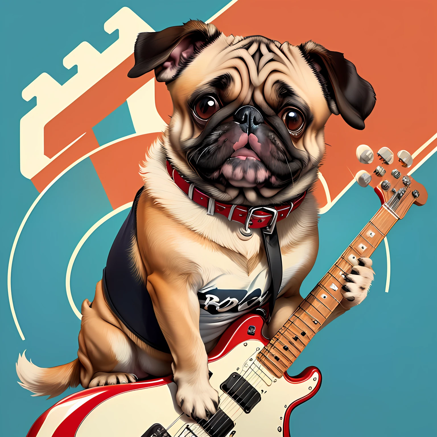 Dog pug mascote,rock'roll style,t shirt design,super cute,2d,vector,flat