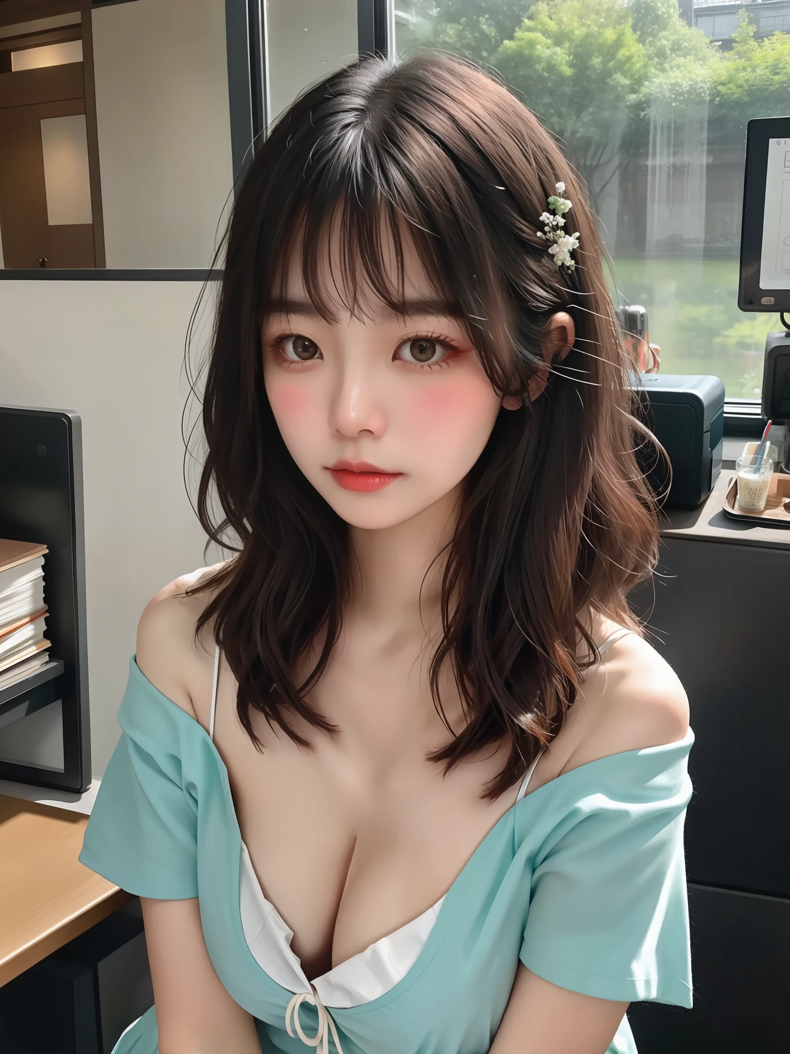 fanciful。one-girl，sitted，exposed bare shoulders，Detailed pubic hair（（（baggy）））white short sleeve，big cleavage breasts，half-body portrait，（（Look into the distance）），stunningly beautiful，mint bob hair，Blushlush，humble，desks，Duan，mano。The is very detailed。cinmatic lighting，（nsfw：1.27）