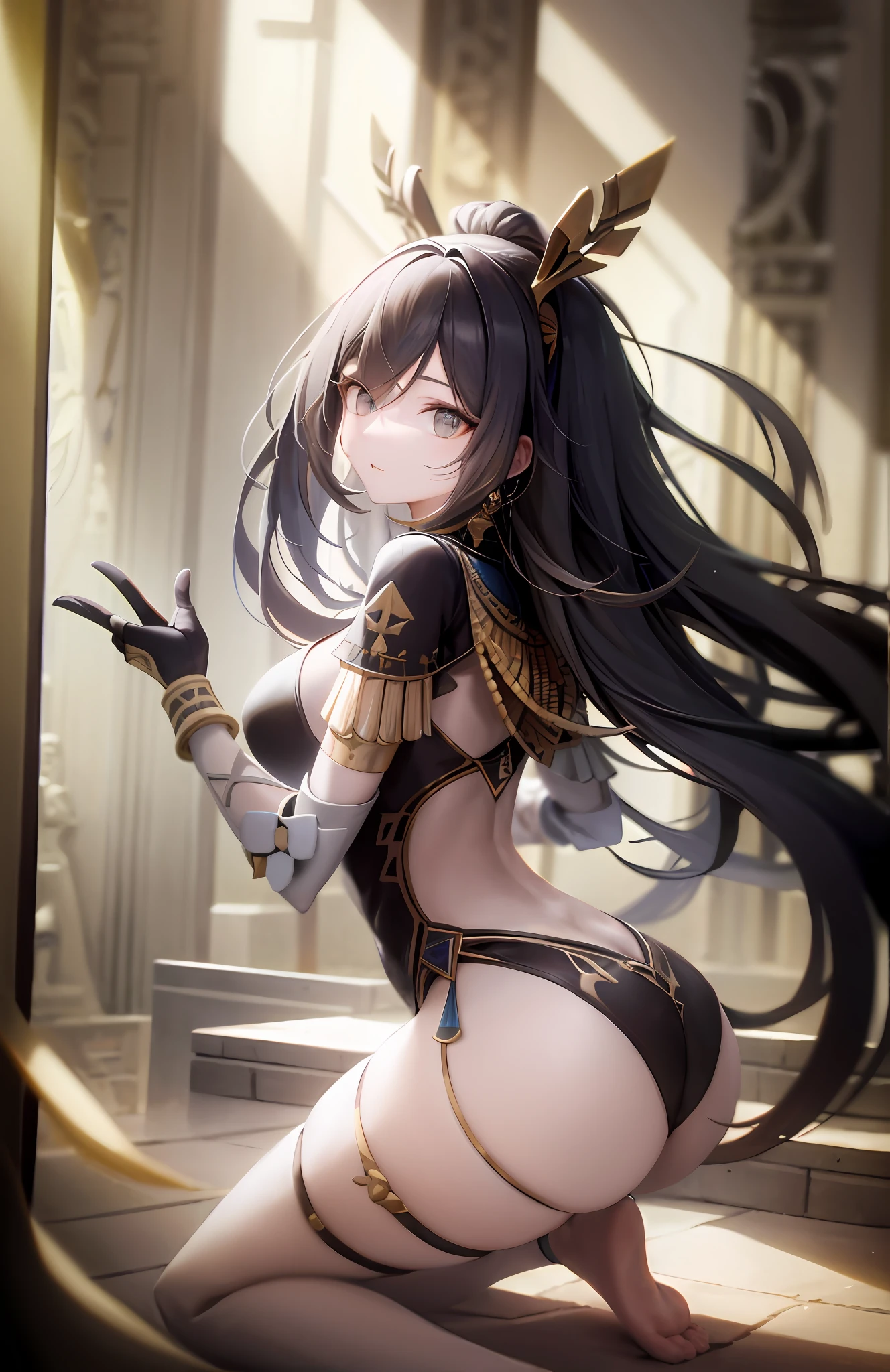 ((best qualtiy)), ((tmasterpiece)), (the detail:1.4), 3D,Normal posture, Beautiful mature woman in ancient Egyptian style,(Kneeling pose,Point at you with your ass,The barefoot:1.9)(Exquisite and simple ancient Egyptian costumes,White dress:1.9),(black long straight hair:1.6),(Ancient Egyptian temples,Ancient Egyptian temples:1.6),closeup of face,Extremely normal hands,Extremely normal legs,hdr(HighDynamicRange),Ray traching,NVIDIA RTX,Hyper-Resolution,Unreal 5,Subsurface scattering、PBR Texture、post-proces、Anisotropy Filtering、depth of fields、maximum definition and sharpness、Many-Layer Textures、Albedo e mapas Speculares、Surface coloring、Accurate simulation of light-material interactions、perfectly proportions、rendering by octane、Two-colored light、largeaperture、Low ISO、White balance、the rule of thirds、8K raw data、