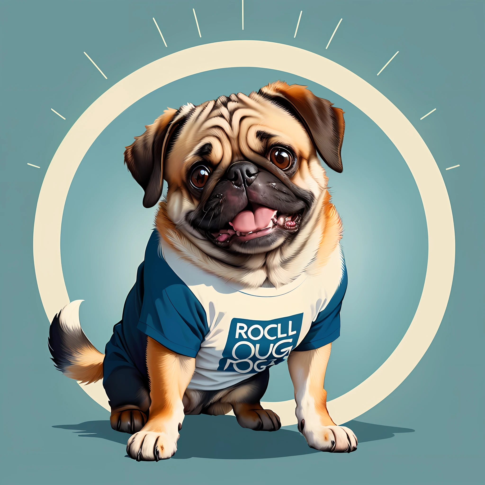 There's a Pug dog sitting in a circle with a T-shirt, retrato de alta qualidade, color digital illustration, Retrato de um Pug como o Papa, detailed digital illustration, realistic illustration, retrato de ultra realista, Criado no Adobe Illustrator, Mascot illustration, digital illustration -, Pug, Retrato de Zeus acidentado, pintado digitalmente, painting of cute dog, full-colour illustration