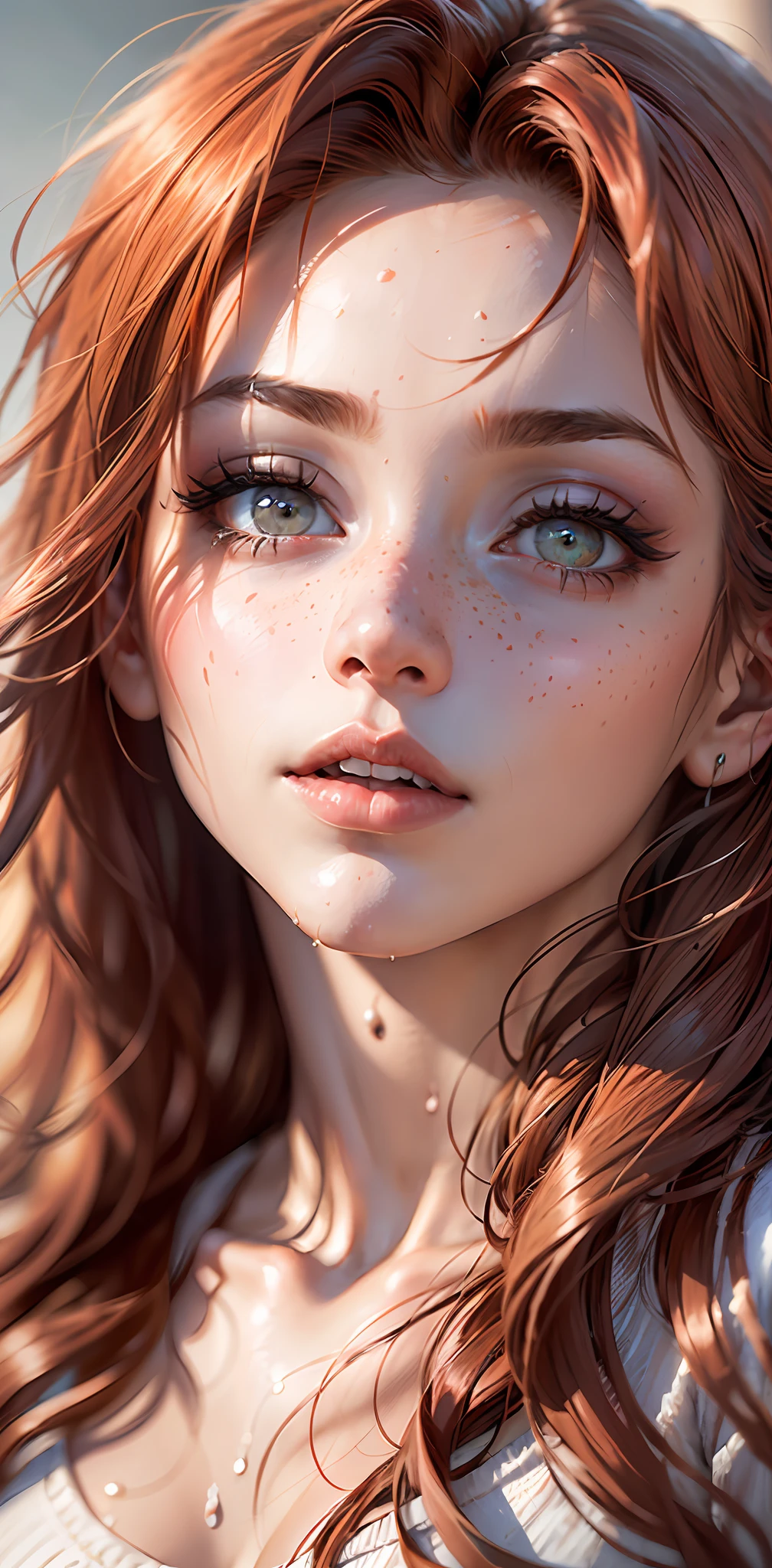 bust botox, lying on her back, face focus, wet skin and hair, hard breasts, redhead, red hair, freckles, long straight hair, looking at viewer, (white shirt, no panties, European youth, perfect body, (detailed face:1.2), (detailed eyes:1.2)open (perfect body, small ke), fashion photorealism, high definition sysie details, photography, sharpness, unique 850 4, koda850 k portrait camera, f1.6 lens, rich color, hyperrealistic texture, spectacular light texture, surreal art, Cinestil 800 fashion mechanism,