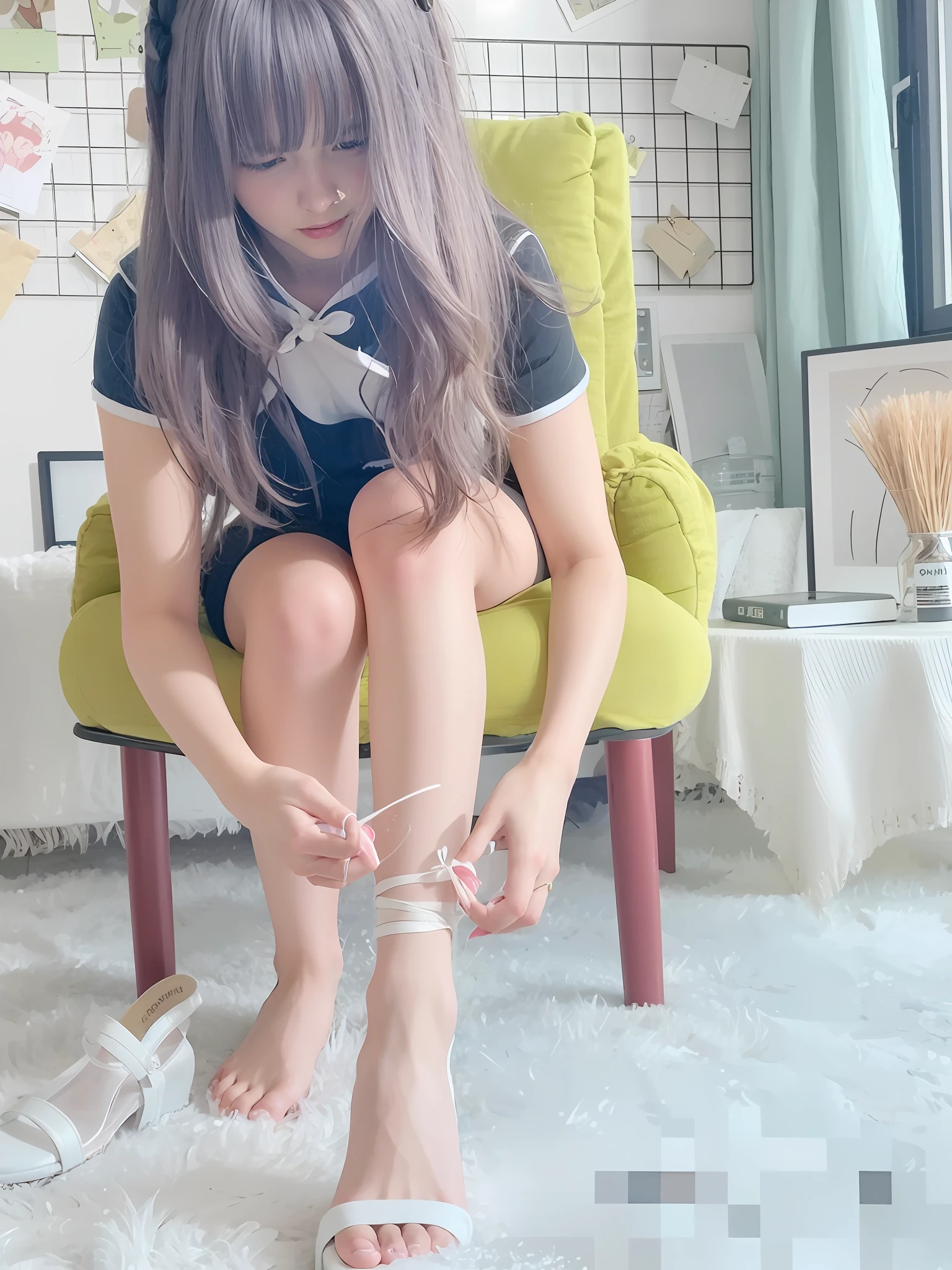 Arapei woman tying her shoelaces in a room with chair, cute cute, 🤬 🤮 💕 🎀, young and cute girl, spellbinding，spellbinding, 8K)), pretty face with arms and legs, 🔥 😎 🕹️ 👀 :2, Profile image, the anime girl is crouching, high quality upload, tied with chair
