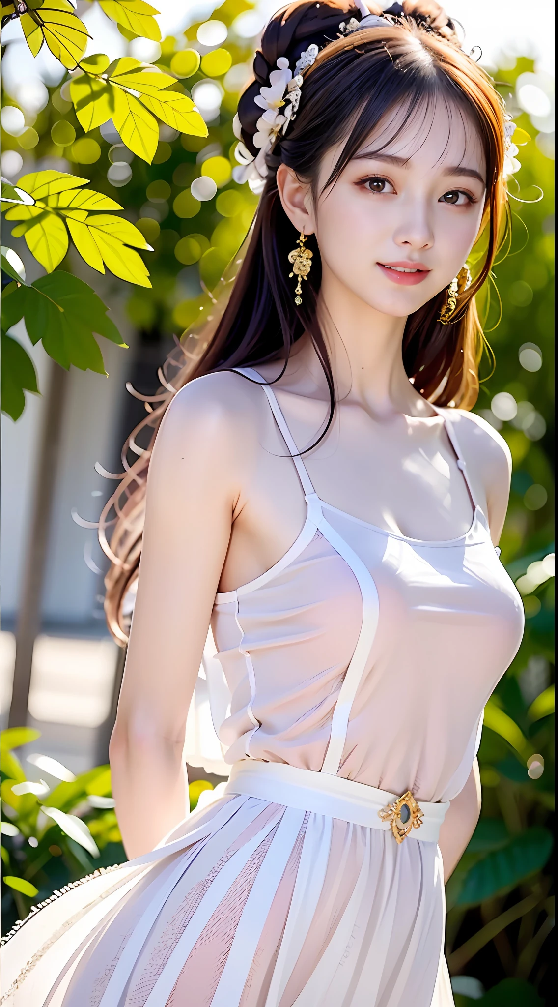 closeup on face, Face shot, (White dress :1.7), short miko skirt, Long streamers, blonde hairs, golden hair, (Pointed ears: 1.5), (Gold pattern quality:1.3), female pubic hair, with long blond hair, Off-the-Shoulders, Top detail CG quality 4K wallpaper, Master, A Masterpiece, portraits, The middle, Watch the footage, Beautiful Chinese-Korean mixed race idol, ((Super fine face, detailed description of features)), Lip biting makeup, Sweet smile, Perfect facialres, Model figure, Good complexion, the trees, branches, Golden meadow, stream, Golden leaves, Evening, Twilight, The setting sun, Twilight, autumn, twin braids, hair strand, diagonal bangs, hair ribbon, hair ornament, forehead jewel, jeweled branch of hourai, crescent hair ornament, fish hair ornament, hime cut, low ponytail, realism, god rays, sparkle, cinematic lighting, lens flare, UHD, high details, high quality, highres, best quality, 8k, 16k, high details, high quality, super detail, anatomically correct, masterpiece, ccurate
