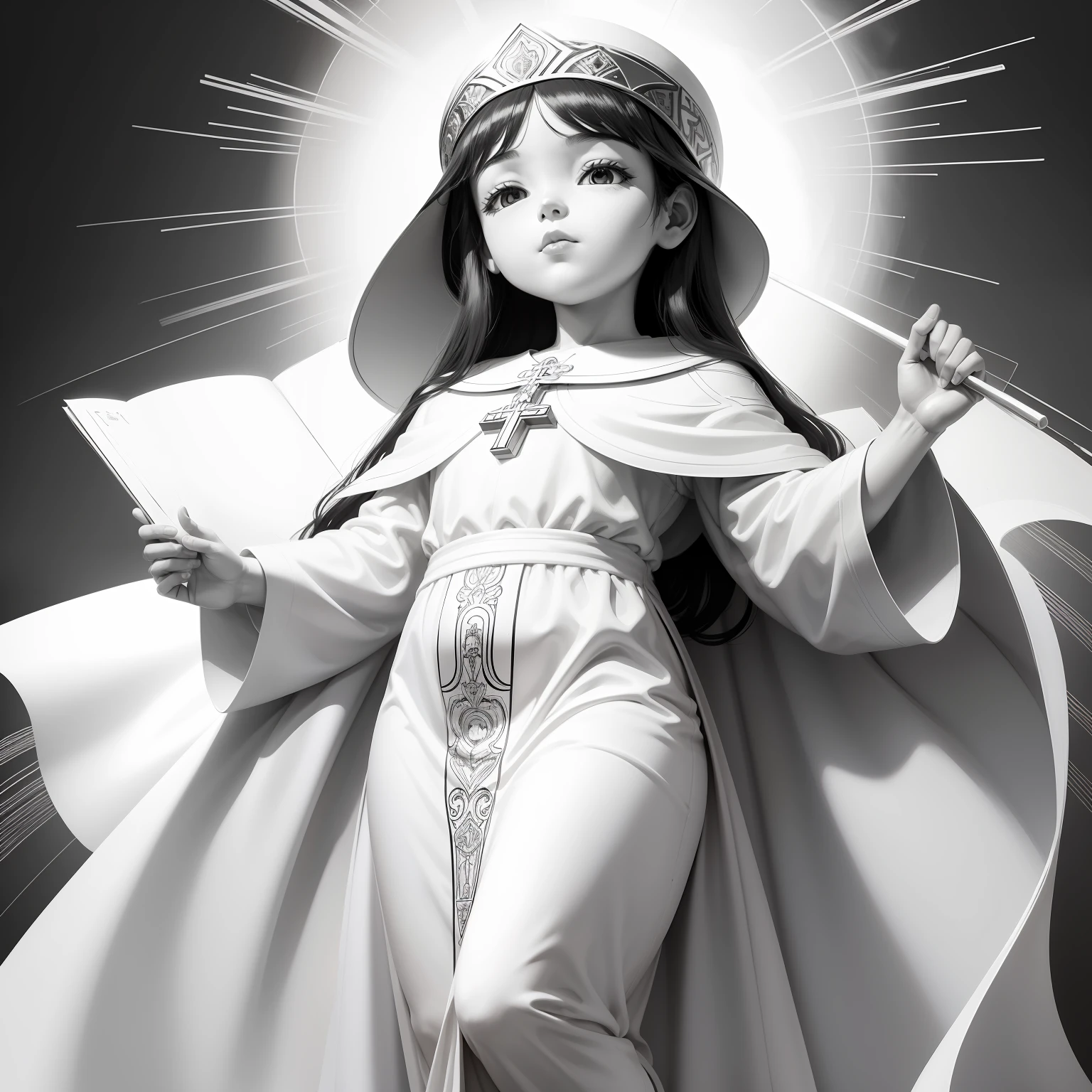Black and white sketch art Image of the patron saint of Brazil (Our Lady of Aparecida) coloring pages, full white, Child style, white background, full body, Sketch style, full body ((((white background))))), use outline only., cartoon style, line art, Coloring book, Clean line art, white background, by Akira Toriyama