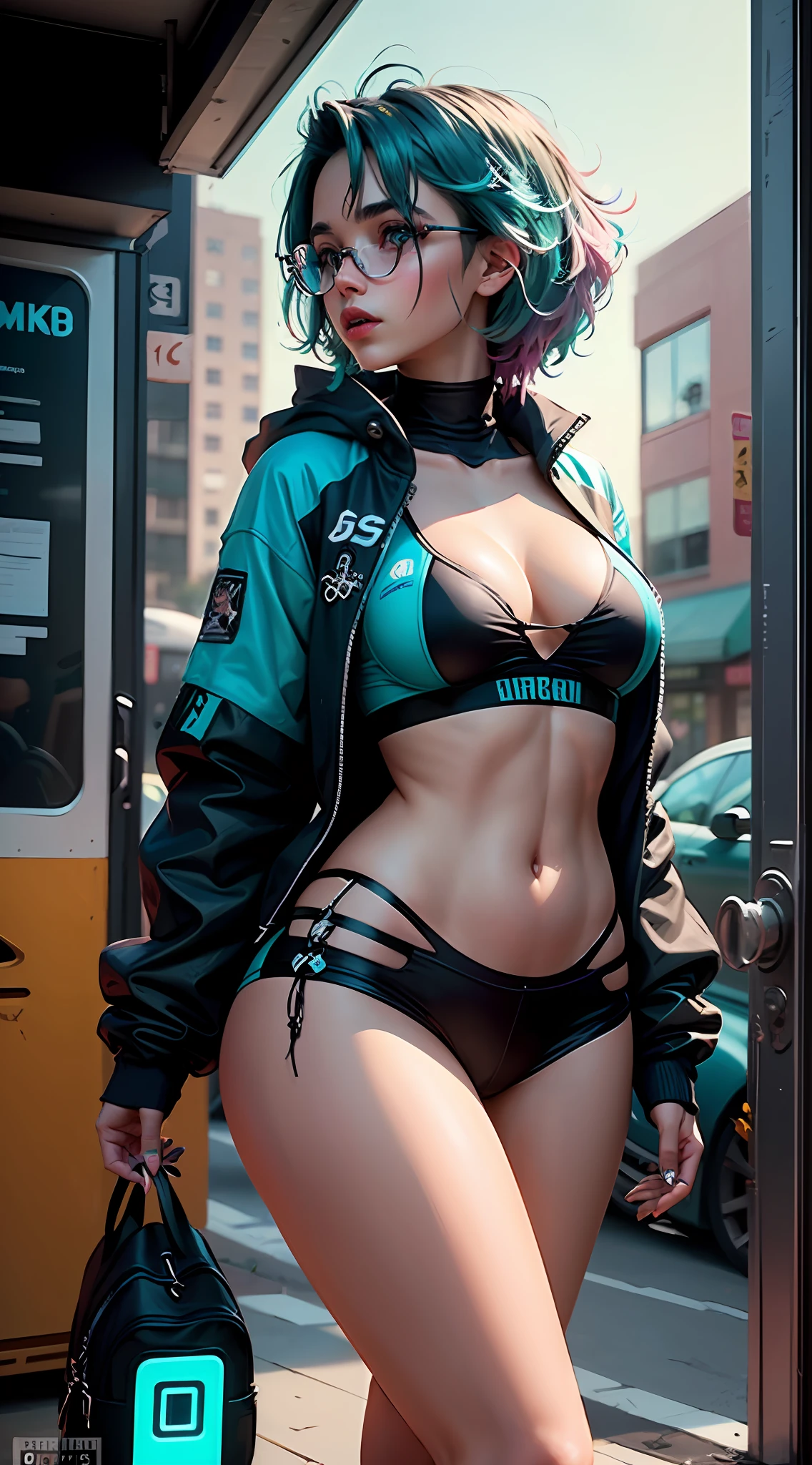 ((Best Quality)), ((Masterpiece)), ((Realistic)) and ultra-detailed photography of a 1nerdy girl with goth and neon colors. She has ((turquoise hair)), wears a techwear jacket and exudes a vibe ((beautiful and aesthetic)), sexy, underboobs, hot --auto