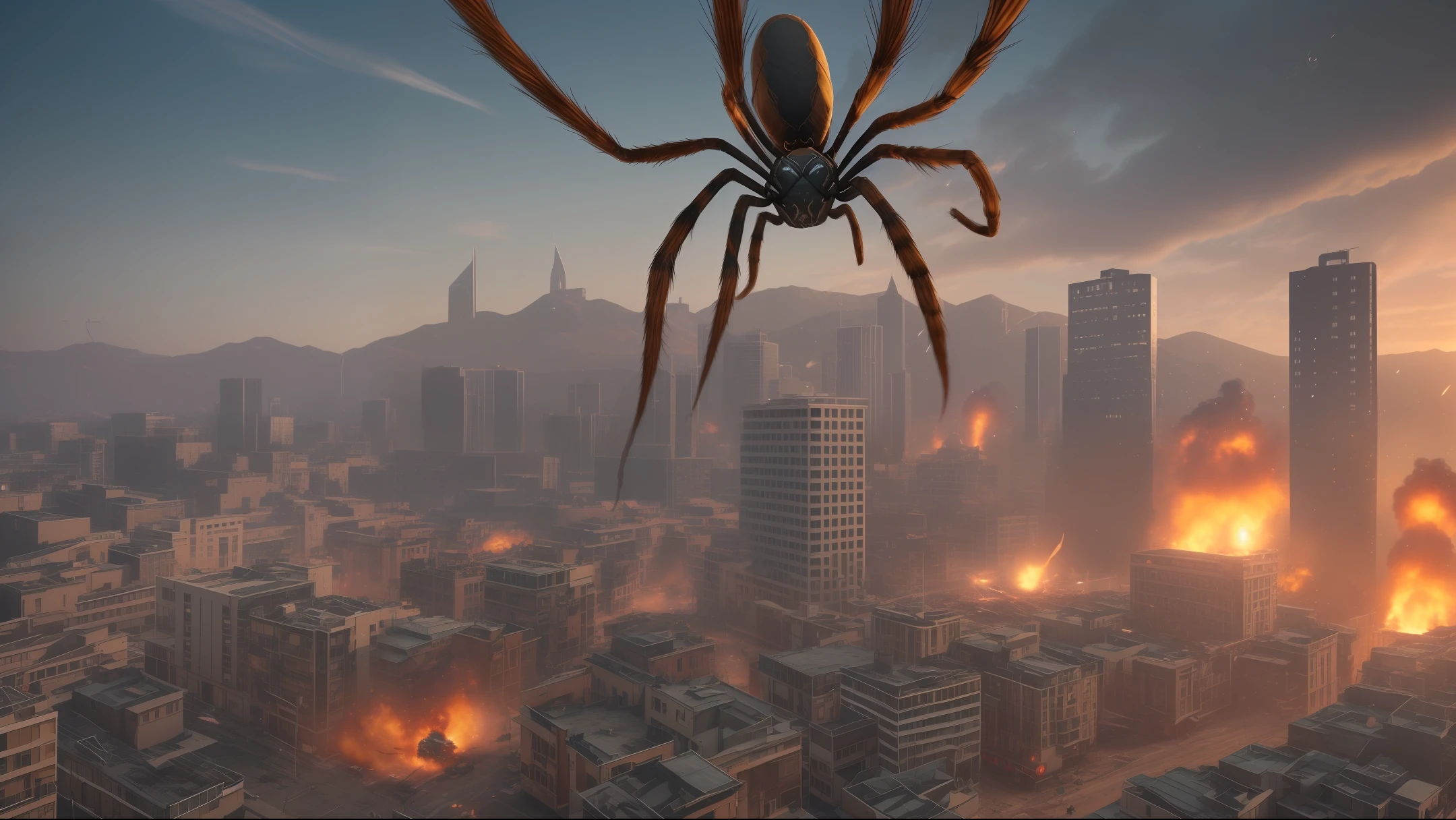 a giant spider destroying a city, cinematic, realistic, intricate details, high resolution, destruction scenery, --auto --s2