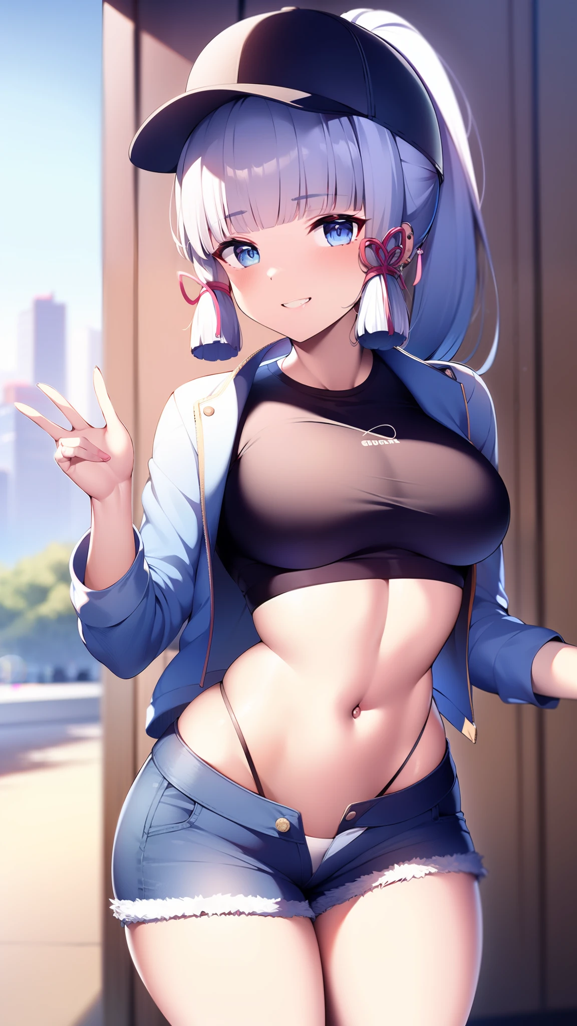 (masterpiece, best quality, ultra-detailed, illustration), genshin impact, kamisato_ayaka, 1girl, solo, hip hop hat ,cowboy shot, ponytail, blunt bangs, blue eyes, evil smile, show teeth, eyebrows visible through hair, long hair, silver hair, ear piercing, looking at viewer, outoors, city road, on the road, medium breasts, short jeans, crop top, cool jacket, stocking, hip hop, sexy pose, text on shirt, shorts,