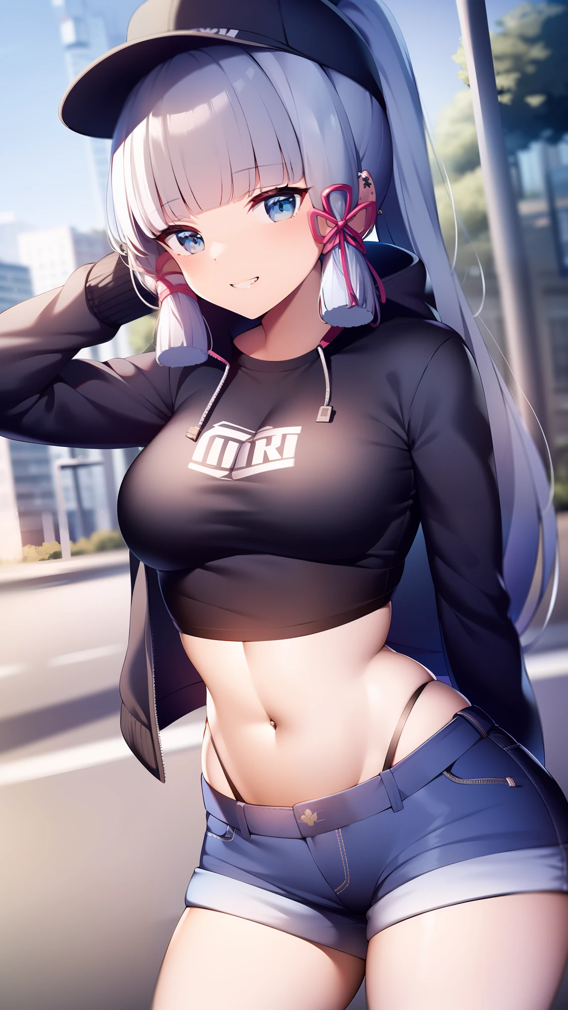 (masterpiece, best quality, ultra-detailed, illustration), genshin impact, kamisato_ayaka, 1girl, solo, hip hop hat ,cowboy shot, ponytail, blunt bangs, blue eyes, evil smile, show teeth, eyebrows visible through hair, long hair, silver hair, ear piercing, looking at viewer, outoors, city road, on the road, medium breasts, short jeans, crop top, cool jacket, stocking, hip hop, sexy pose, text on shirt, shorts,