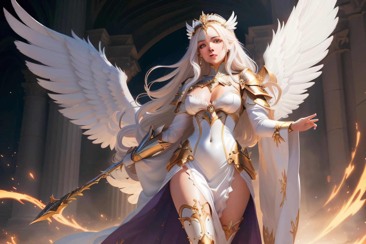 Anime girl with angel wings and a white dress, Diosa del anime, Deidad de pelo blanco, knights of zodiac girl, Tendencias en ArtStation Pixiv, portrait knights of zodiac girl, full - body majestic angel, angel knight girl, Artgerm extremadamente detallado, as a mystical valkyrie, Diosa celestial, Hermosa diosa, Diosa de la Luz, Artgerm en ArtStation Pixiv