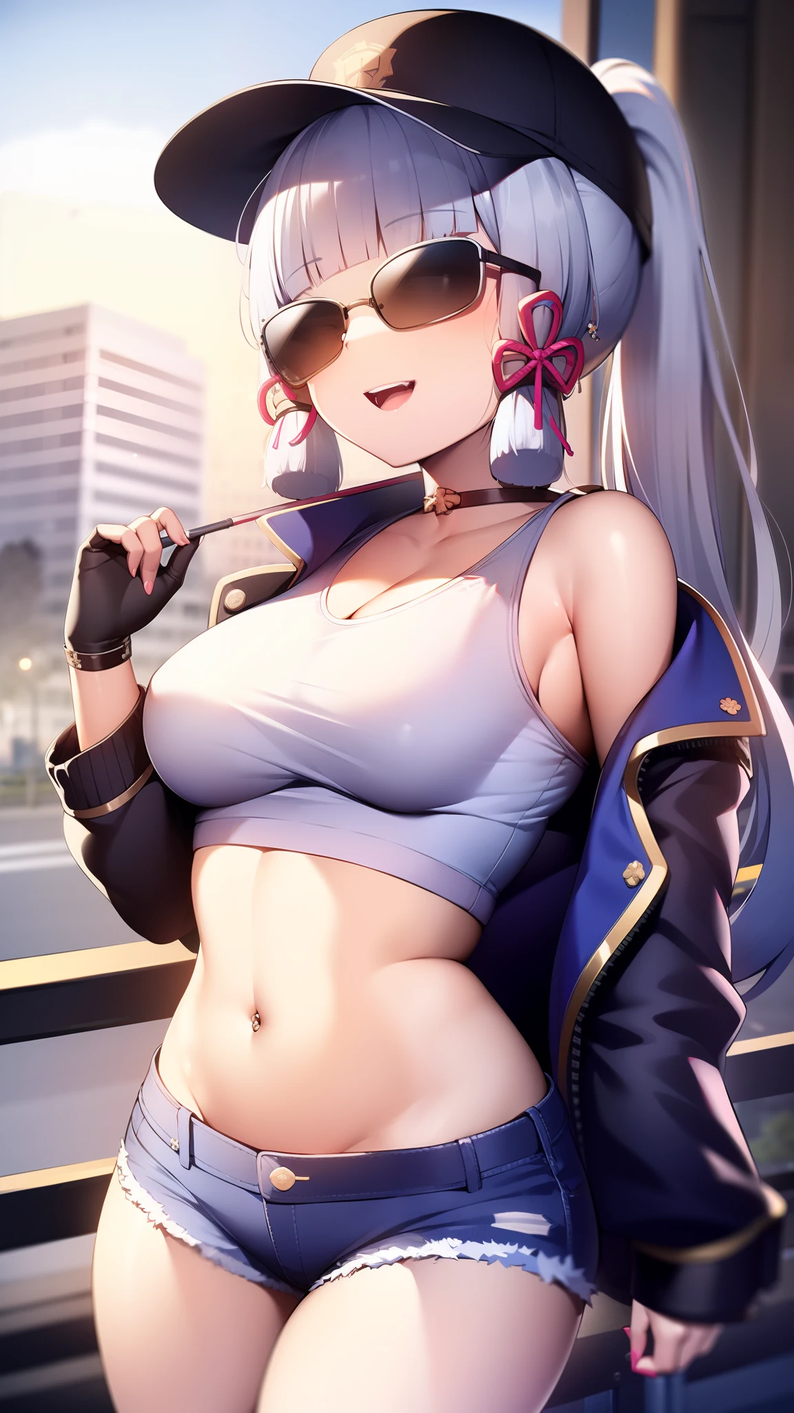 (masterpiece, best quality, ultra-detailed, illustration), genshin impact, kamisato_ayaka, 1girl, solo, hip hop hat ,cowboy shot, ponytail, blunt bangs, blue eyes, evil smile, open mouth, eyebrows visible through hair, long hair, silver hair, ear piercing, looking at viewer, outoors, city road, on the road, medium breasts, short jeans, crop top, cool jacket, stocking, hip hop, sexy pose, text on shirt, shorts, ear piercing, sun glasses, buble gum on mouth,