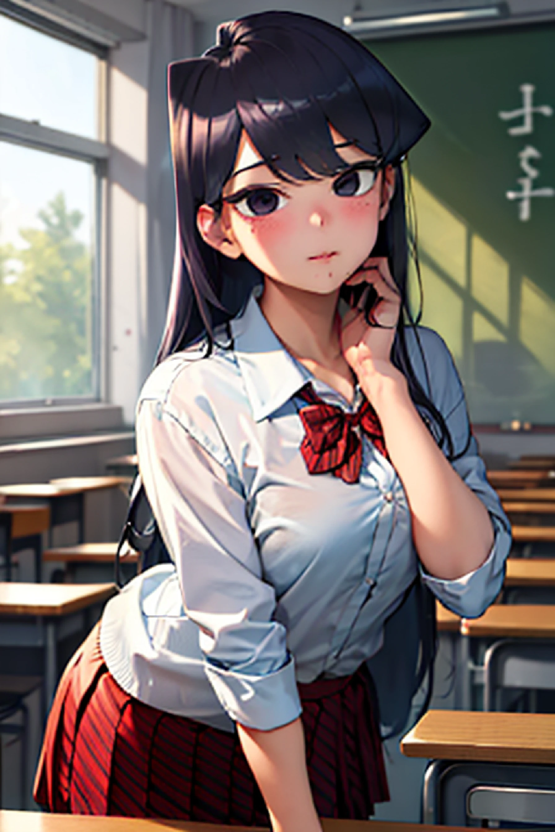 4k, raw camera, highres, masterpiece, portrait, aesthetic, beautiful, best quality, highly detaile, best quality clothing, aesthetic clothings, professional angle, rule of thirds, Feminine, delicate, beautiful, 19 years, attractive, solo, 1 girl, ((Komi Shouko)), komi-san wa komyushou desu , (In the Classroom), (Upper body), ((From Front, From Down)), (students in the background), ((Very shy)), (Long Hair, purple Hair, Very Straight Hair, - Hair, - in hair), (Open Eyes, black Eyes, Black Eyelinerin Eyes, expressionlesz gaze), Soft skin, (Blushed), ((Standing, Leaning forward)), - , - , - , (closed mouth), (Natural Lips), (Average Bust), ((hands in heart)), (School White Shirt) , (blue blazer) - , - Shirt, Skirt red and blue Plaid, black pantyhouse, Red bowtie, stripped bow, Clothing), (V Neckline), beautiful body, beautiful eyes, shiny eyes, shiny hair, beautiful mouth, beautiful lips, beautiful face