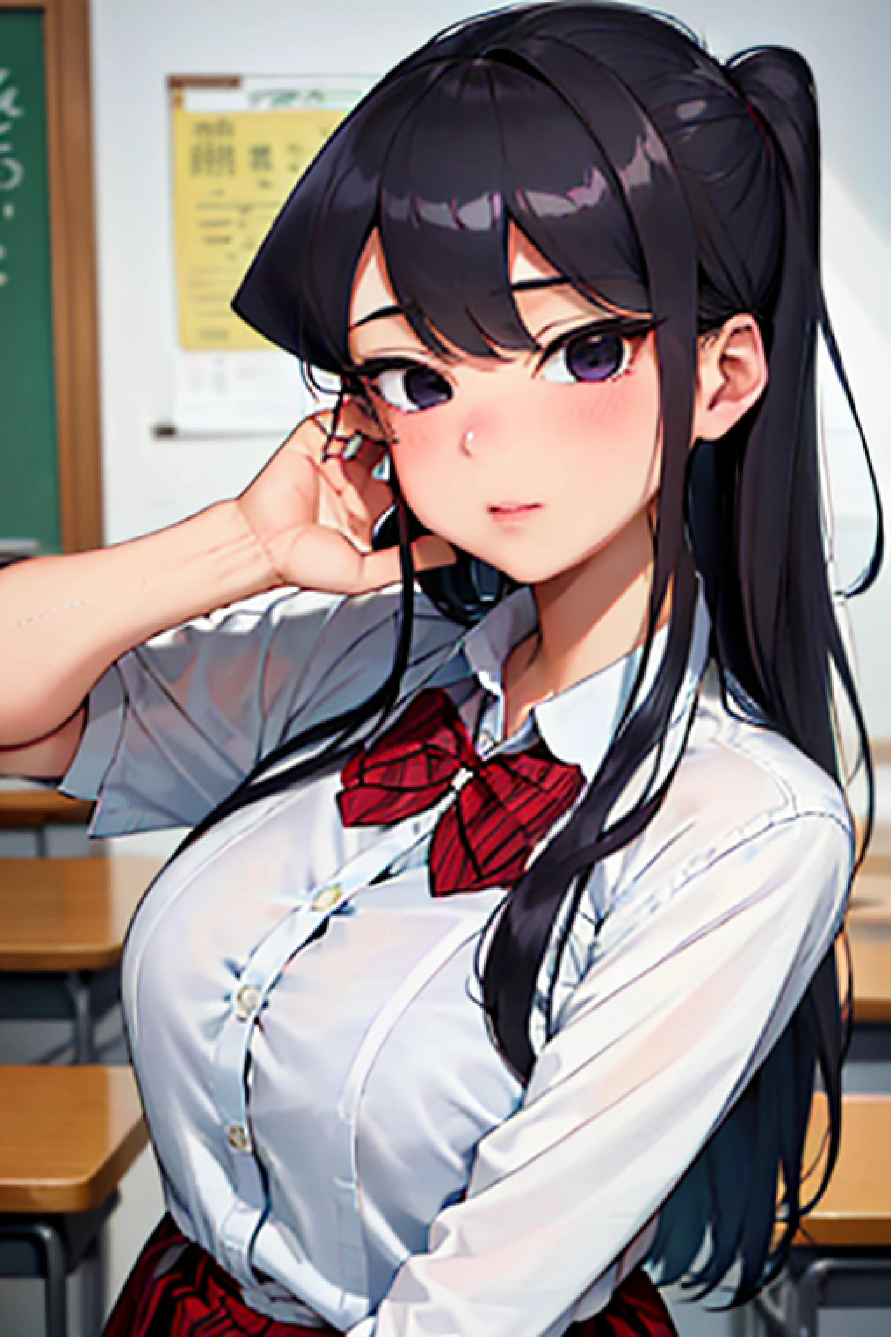 4k, raw camera, highres, masterpiece, portrait, aesthetic, beautiful, best quality, highly detaile, best quality clothing, aesthetic clothings, professional angle, rule of thirds, Feminine, delicate, beautiful, 19 years, attractive, solo, 1 girl, ((Komi Shouko)), komi-san wa komyushou desu , (In the Classroom), (Upper body), ((From Front, From Down)), (students in the background), ((Very shy)), (Long Hair, purple Hair, Very Straight Hair, - Hair, - in hair), (Open Eyes, black Eyes, Black Eyelinerin Eyes, expressionlesz gaze), Soft skin, (Blushed), ((Standing, Leaning forward)), - , - , - , (closed mouth), (Natural Lips), (Average Bust), ((hands in heart)), (School White Shirt) , (blue blazer) - , - Shirt, Skirt red and blue Plaid, black pantyhouse, Red bowtie, stripped bow, Clothing), (V Neckline), beautiful body, beautiful eyes, shiny eyes, shiny hair, beautiful mouth, beautiful lips, beautiful face