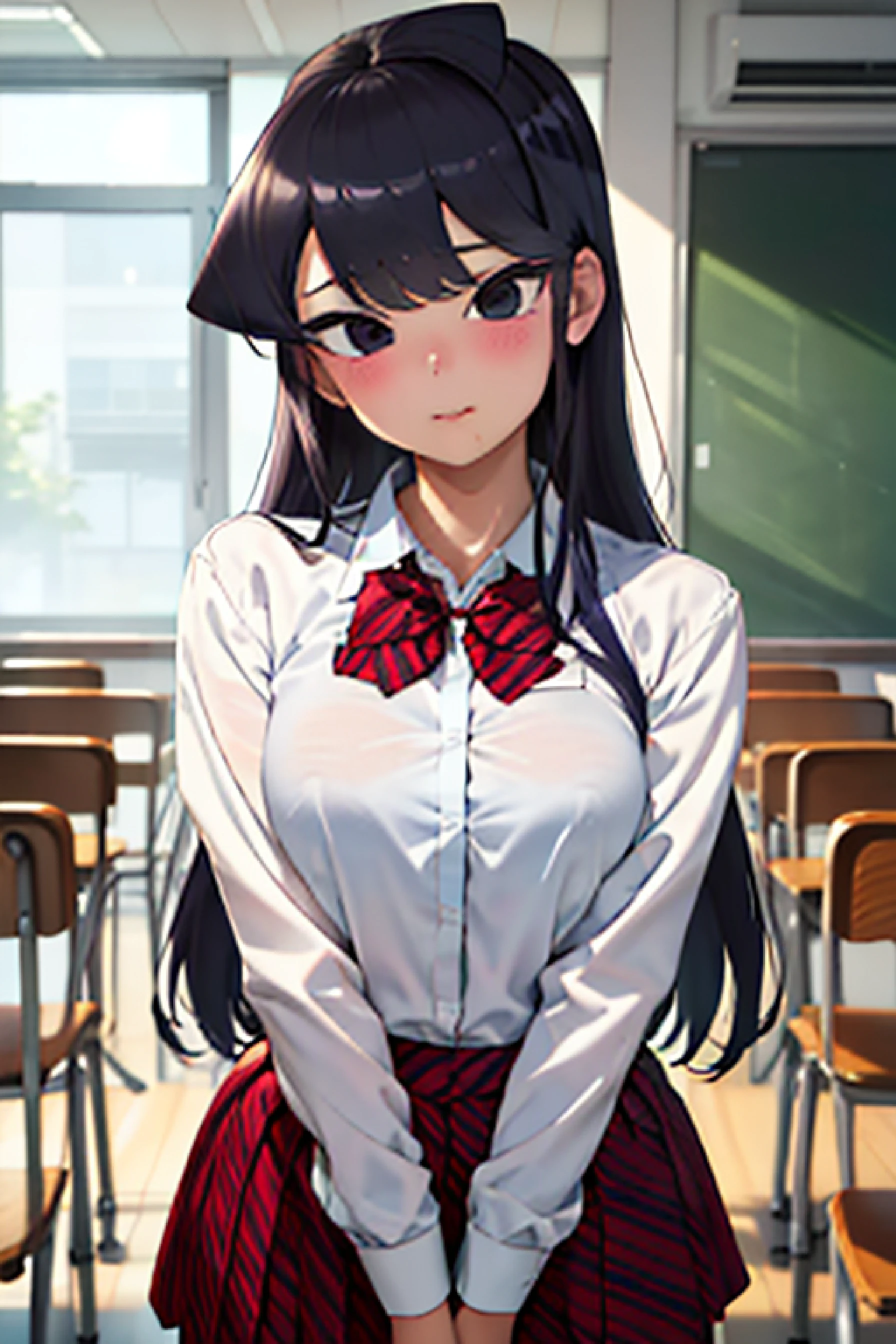 4k, raw camera, highres, masterpiece, portrait, aesthetic, beautiful, best quality, highly detaile, best quality clothing, aesthetic clothings, professional angle, rule of thirds, Feminine, delicate, beautiful, 19 years, attractive, solo, 1 girl, ((Komi Shouko)), komi-san wa komyushou desu , (In the Classroom), (Upper body), ((From Front, From Down)), (students in the background), ((Very shy)), (Long Hair, purple Hair, Very Straight Hair, - Hair, - in hair), (Open Eyes, black Eyes, Black Eyelinerin Eyes, expressionlesz gaze), Soft skin, (Blushed), ((Standing, Leaning forward)), - , - , - , (closed mouth), (Natural Lips), (Average Bust), ((hands in heart)), (School White Shirt) , (blue blazer) - , - Shirt, Skirt red and blue Plaid, black pantyhouse, Red bowtie, stripped bow, Clothing), (V Neckline), beautiful body, beautiful eyes, shiny eyes, shiny hair, beautiful mouth, beautiful lips, beautiful face