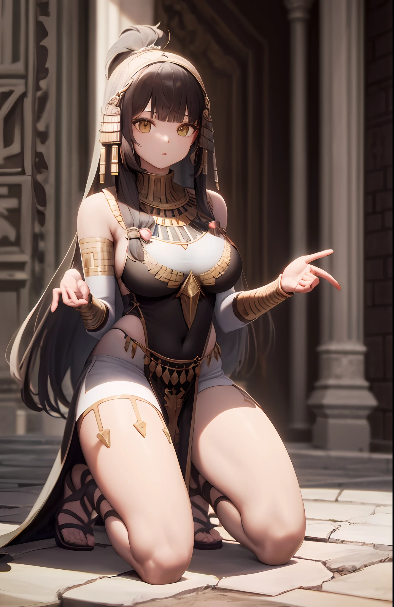 ((best qualtiy)), ((tmasterpiece)), (the detail:1.4), 3D,Normal posture, Beautiful mature woman in ancient Egyptian style,((Kneeling pose,sandals))(Exquisite and simple ancient Egyptian costumes,White dress:1.9),(black long straight hair:1.6),(Ancient Egyptian temples,Ancient Egyptian temples:1.6),closeup of face,Extremely normal hands,Extremely normal legs,hdr(HighDynamicRange),Ray traching,NVIDIA RTX,Hyper-Resolution,Unreal 5,Subsurface scattering、PBR Texture、post-proces、Anisotropy Filtering、depth of fields、maximum definition and sharpness、Many-Layer Textures、Albedo e mapas Speculares、Surface coloring、Accurate simulation of light-material interactions、perfectly proportions、rendering by octane、Two-colored light、largeaperture、Low ISO、White balance、the rule of thirds、8K raw data、