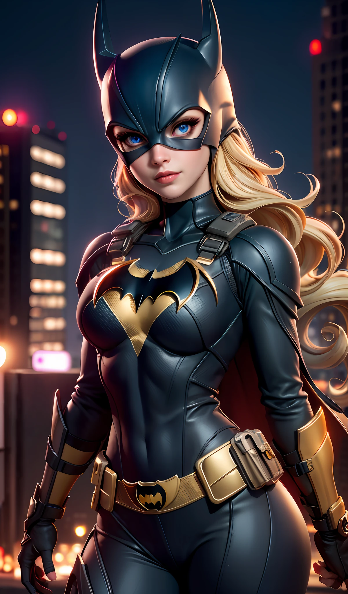 mini\(ttp\), (8k, RAW photo, best quality, masterpiece:1.2), city night background, clean background, depth of field, golden armor batgirl, blue eyes, blonde hair