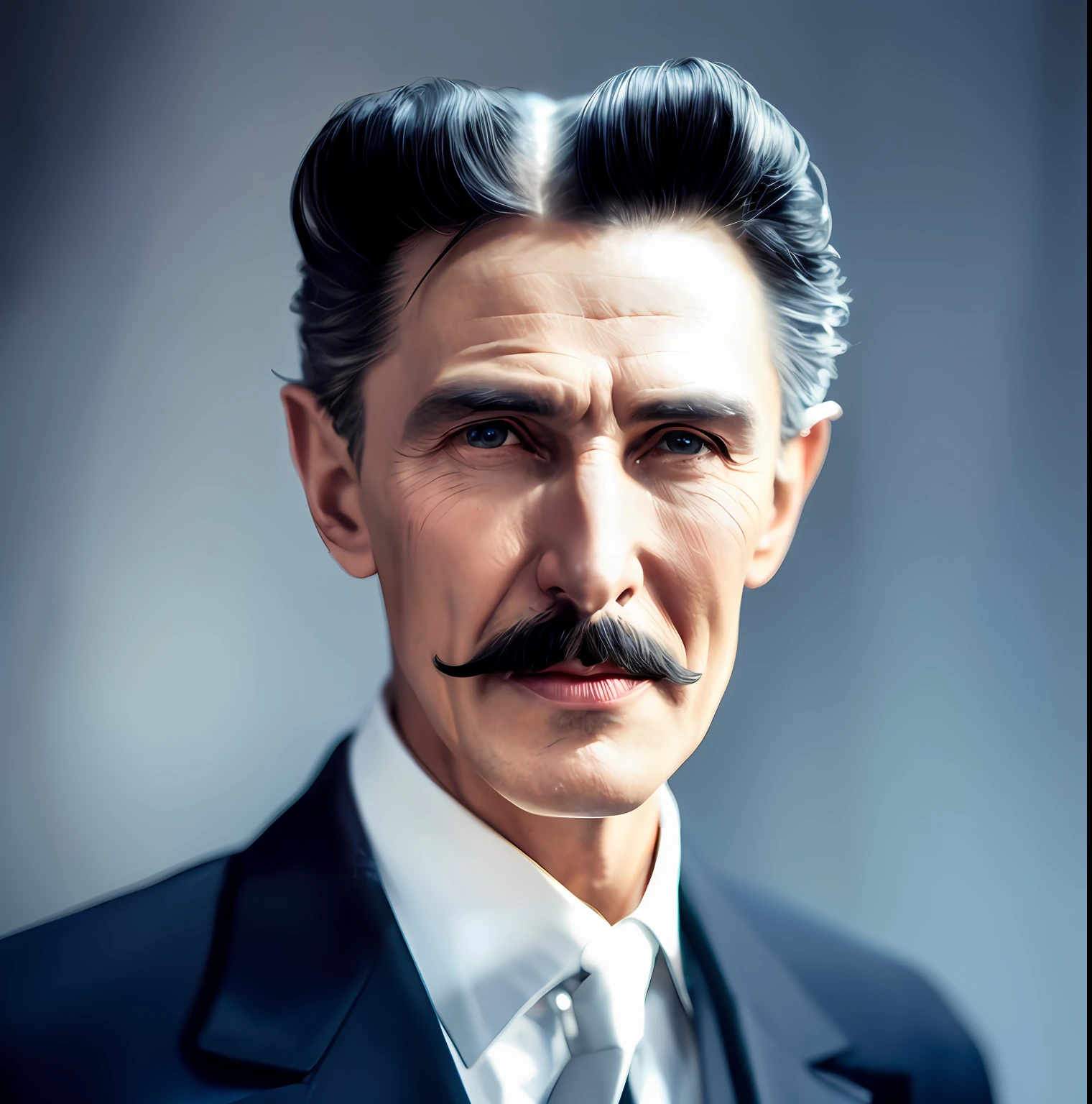 Extremely similar to Nikola Tesla, hair parted right down the middle of the head, realistically, dynamic lights, full old footage (extremely detailed 8k CG unit wallpaper), trending on ArtStation, trending on CGSociety, high detail, sharp focus, dramatic, photorealistic